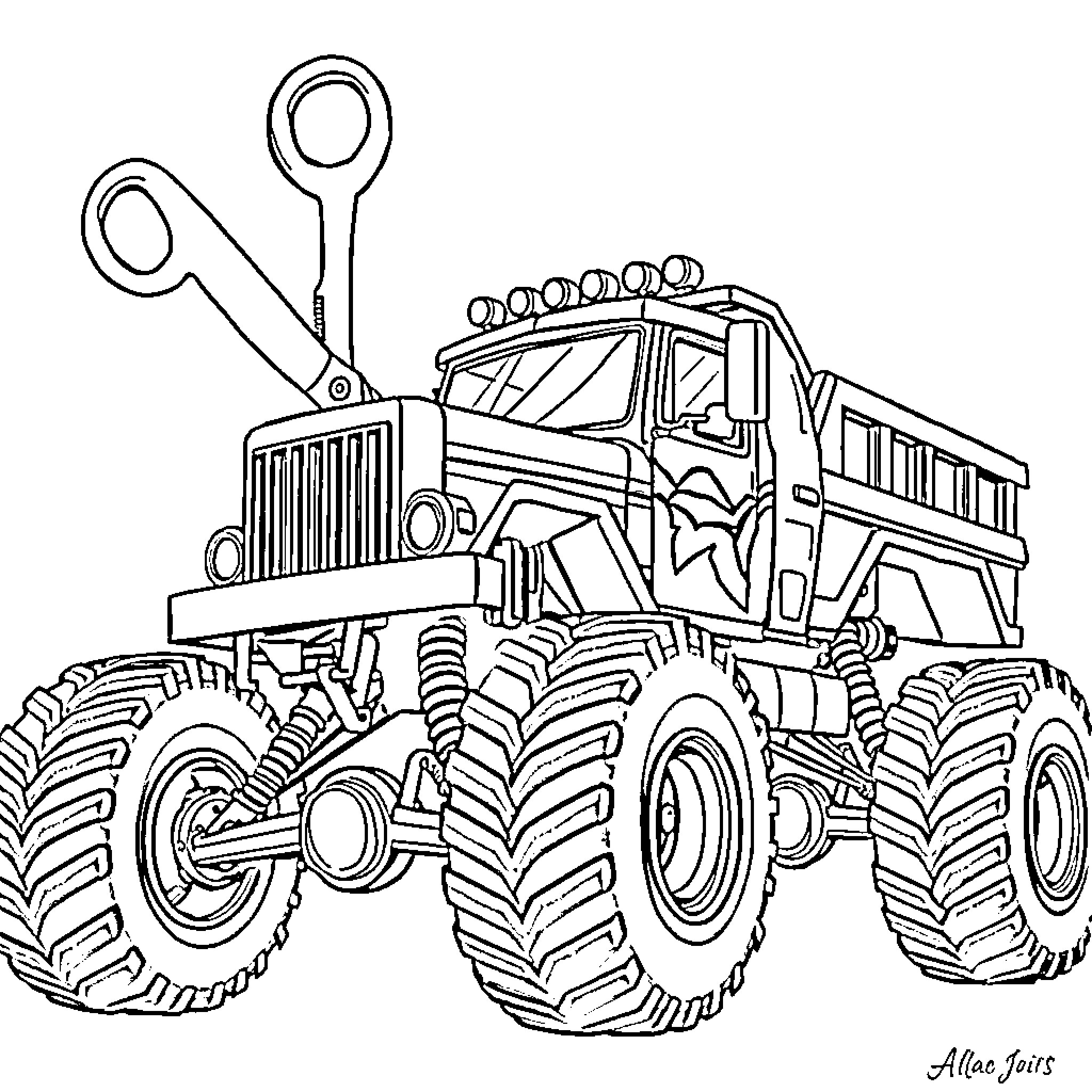 Monster Truck with Huge Tires and Exciting Features Coloring Page (free black-and-white line drawing printable PDF for all, from beginners to advanced learners, including children, teens, adults, and seniors)