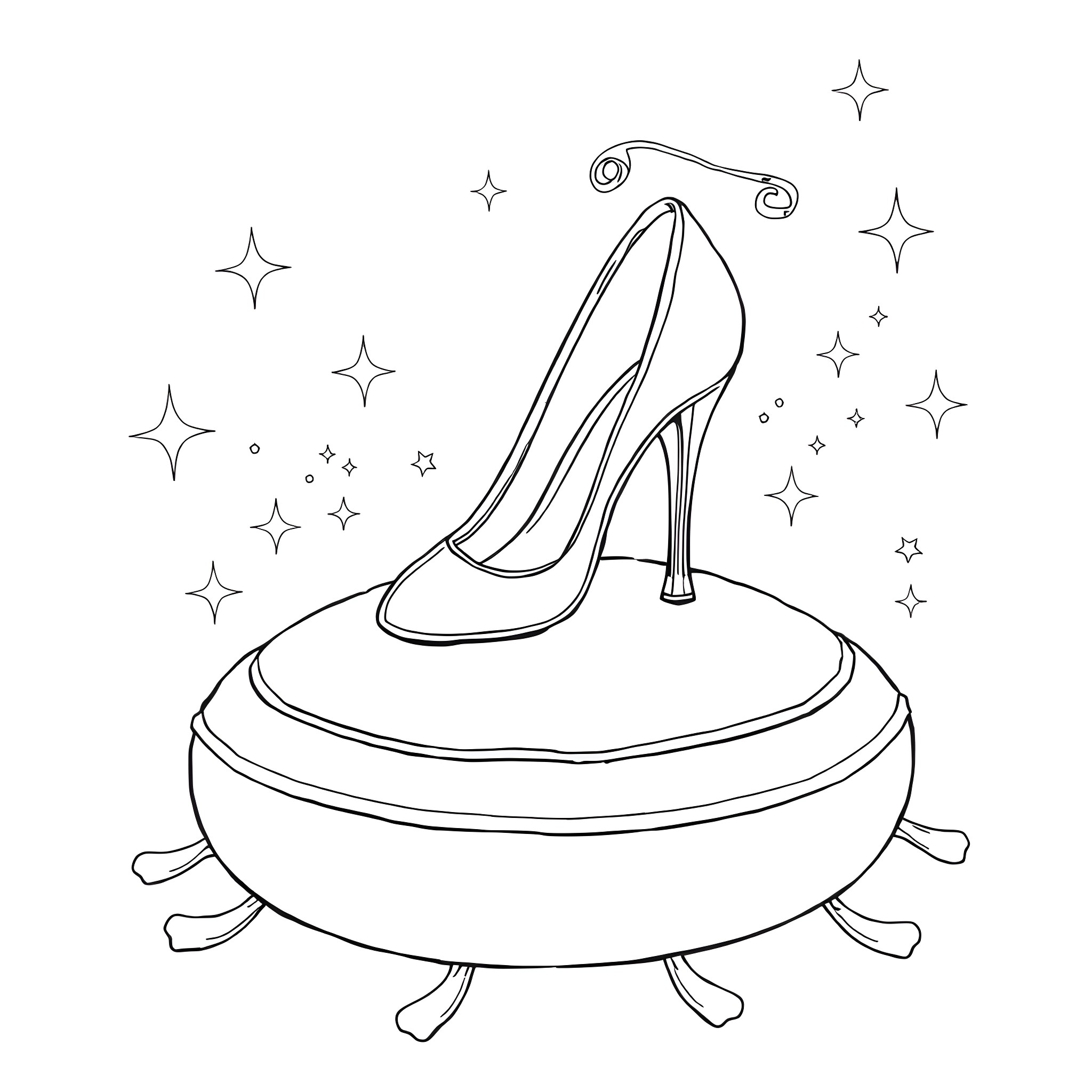 Cinderella's iconic glass slipper on a glowing pedestal Coloring Page (free black-and-white line drawing printable PDF for all, from beginners to advanced learners, including children, teens, adults, and seniors)
