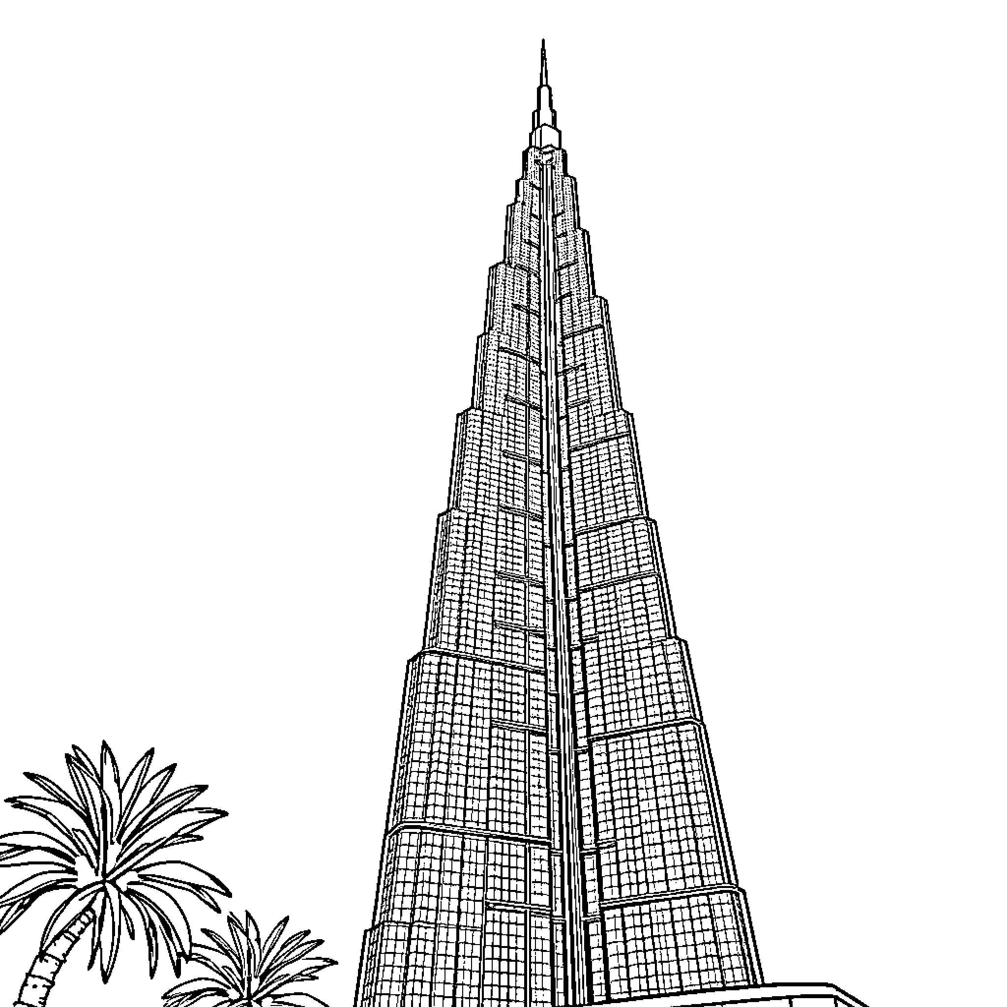 Burj Khalifa architectural wonder against skyline Coloring Page (free black-and-white line drawing printable PDF for all, from beginners to advanced learners, including children, teens, adults, and seniors)