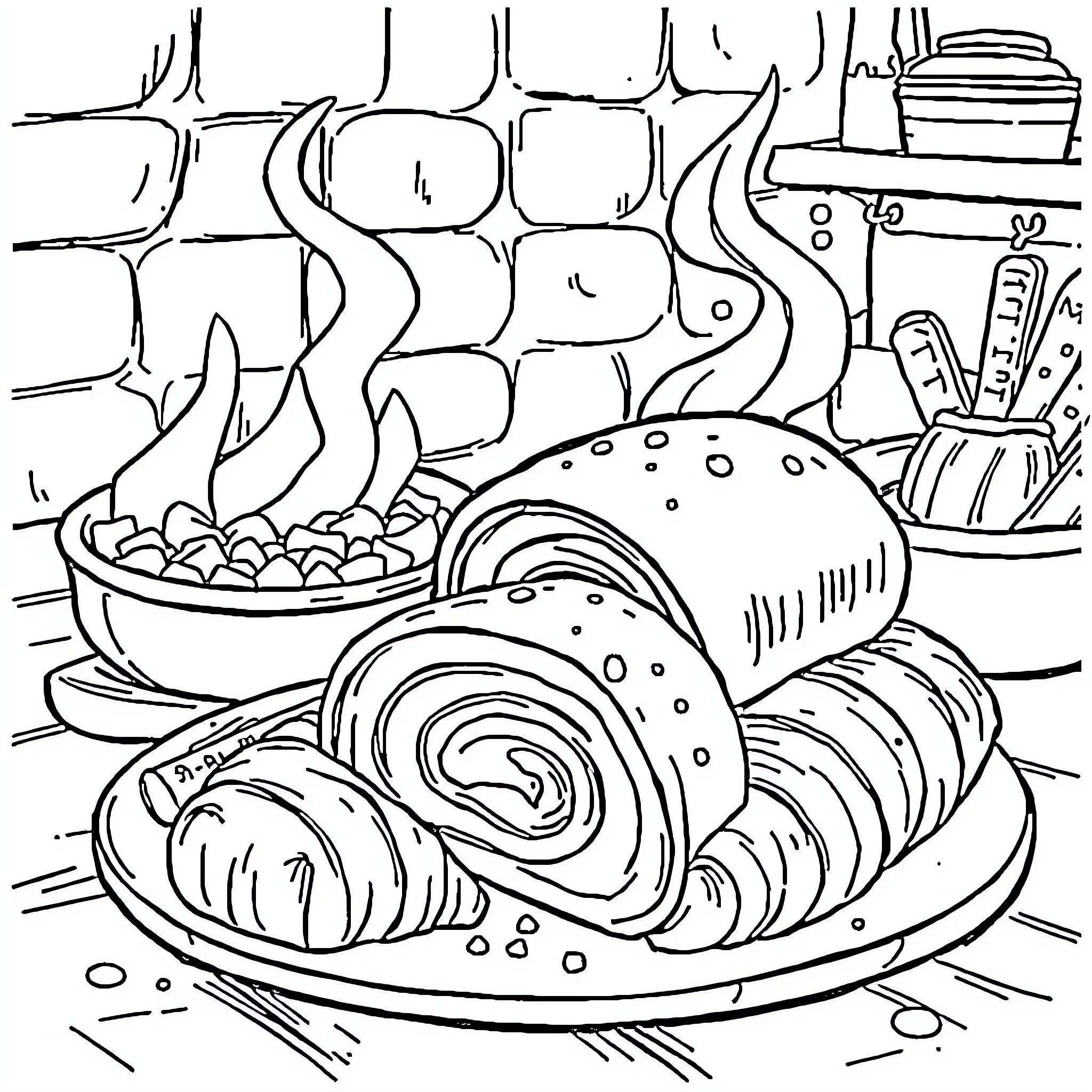 Cinnamon Roll Delicacy on Plate with Side Dishes Coloring Page (free black-and-white line drawing printable PDF for all, from beginners to advanced learners, including children, teens, adults, and seniors)