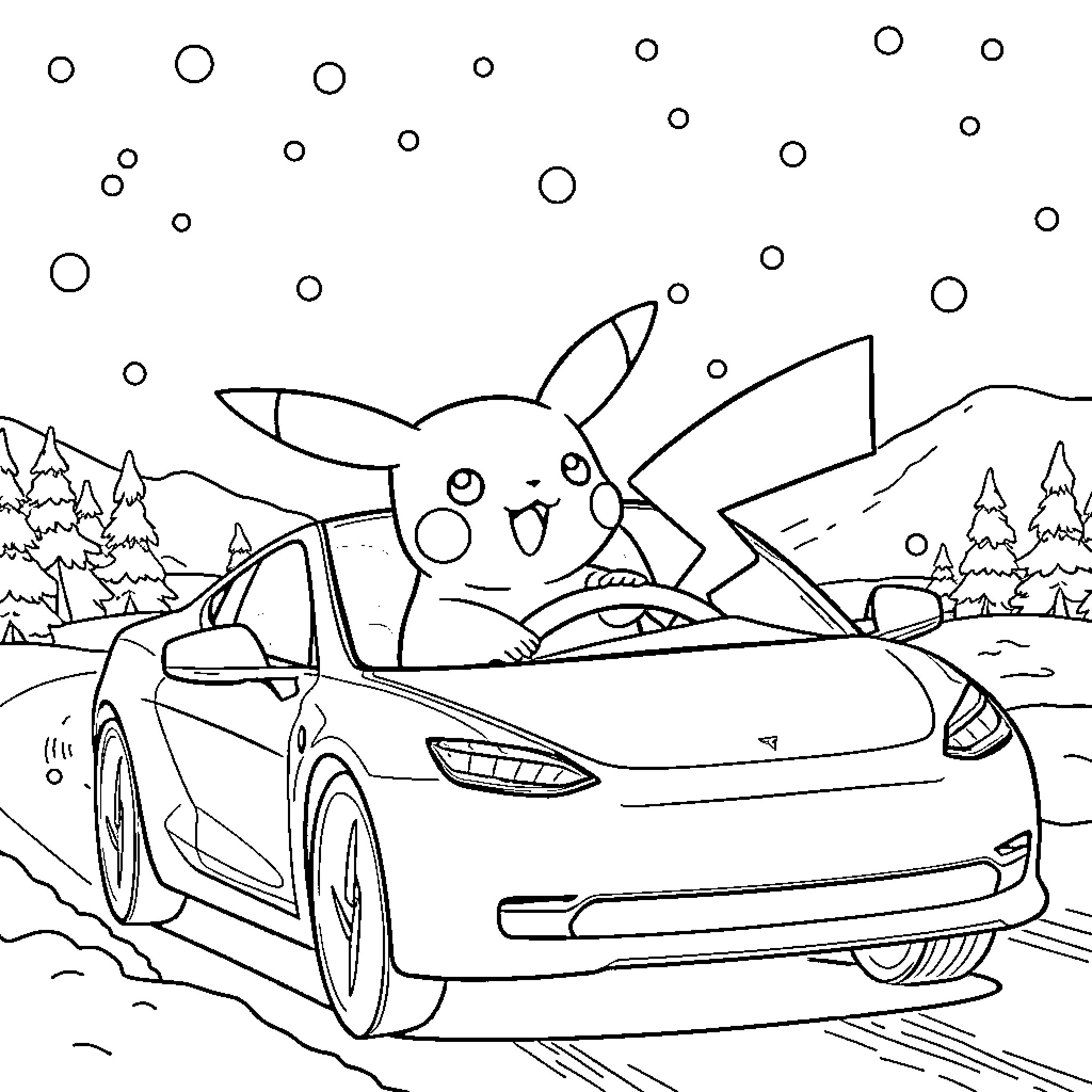 Pikachu rides in a sporty car through the snowy landscape Coloring Page (free black-and-white line drawing printable PDF for all, from beginners to advanced learners, including children, teens, adults, and seniors)