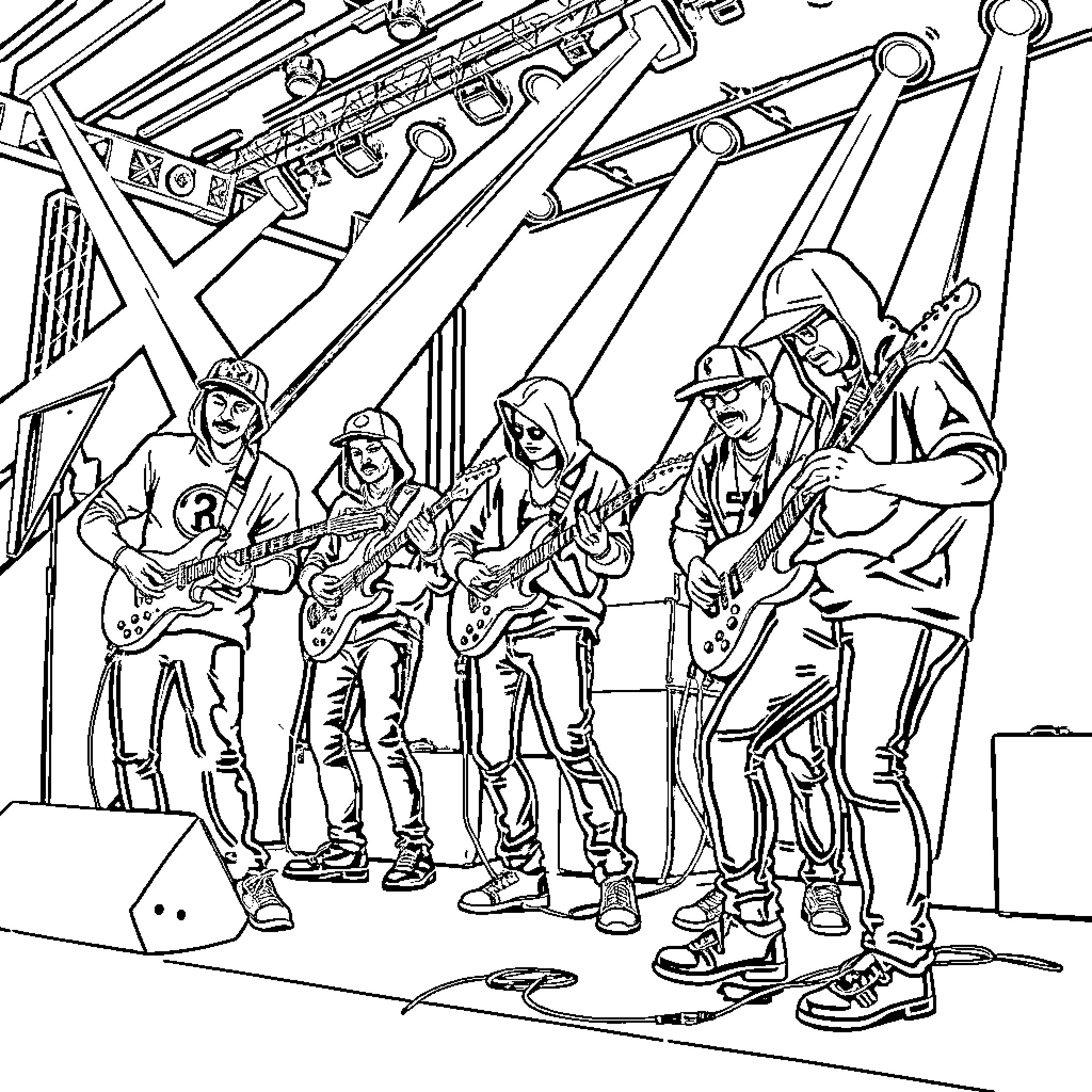 Pnl: Band performing on stage with instruments Coloring Page (free black-and-white line drawing printable PDF for all, from beginners to advanced learners, including children, teens, adults, and seniors)