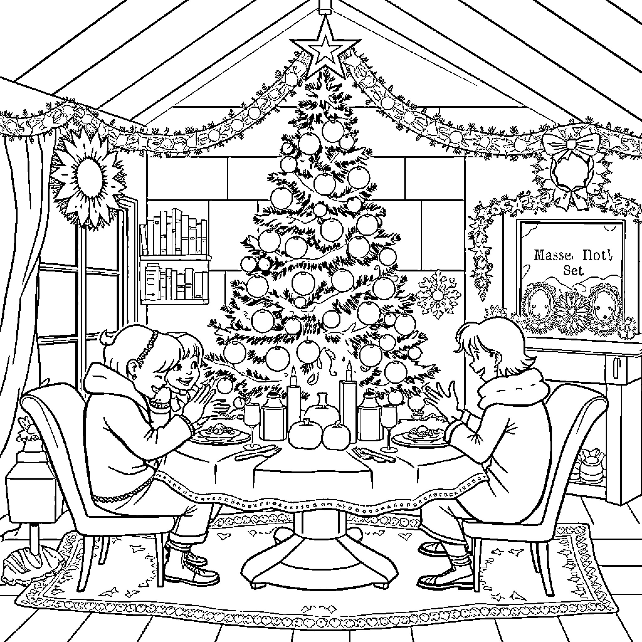 Christmas Tree Decorated with Family Enjoying Festive Meal Coloring Page (free black-and-white line drawing printable PDF for all, from beginners to advanced learners, including children, teens, adults, and seniors)