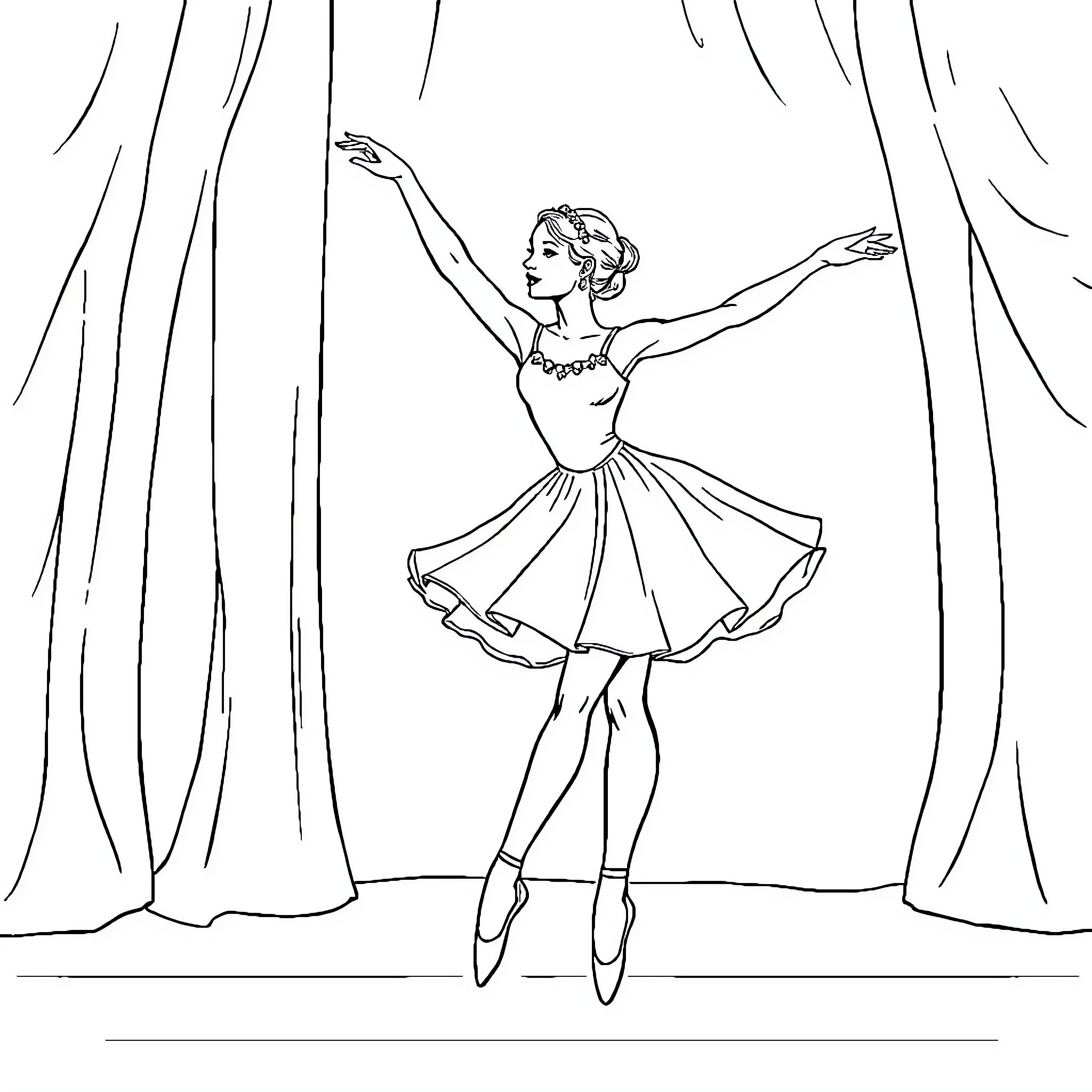 Ballerina gracefully dancing on stage Coloring Page (free black-and-white line drawing printable PDF for all, from beginners to advanced learners, including children, teens, adults, and seniors)