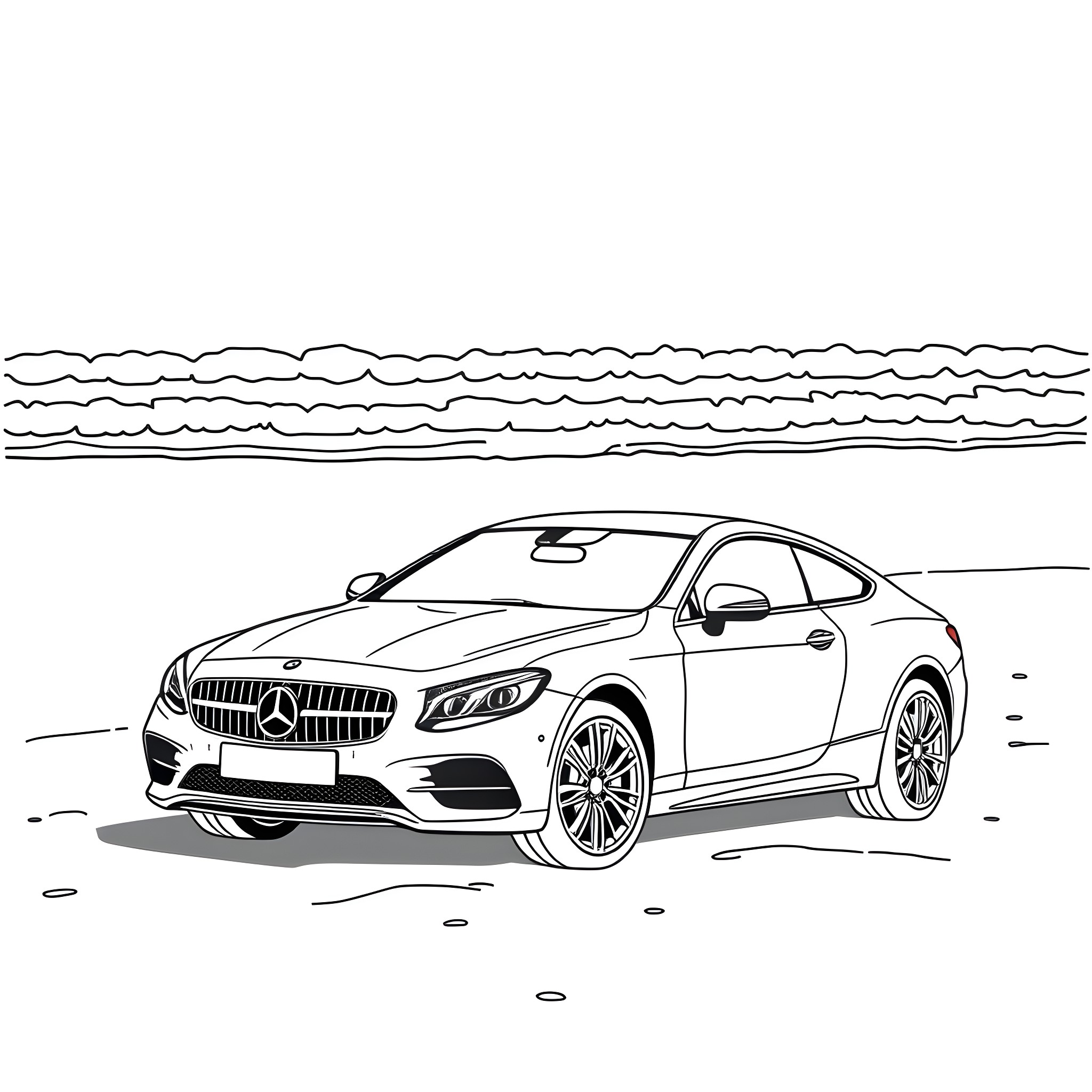 Car on the road with cloudy sky in the background Coloring Page (free black-and-white line drawing printable PDF for all, from beginners to advanced learners, including children, teens, adults, and seniors)