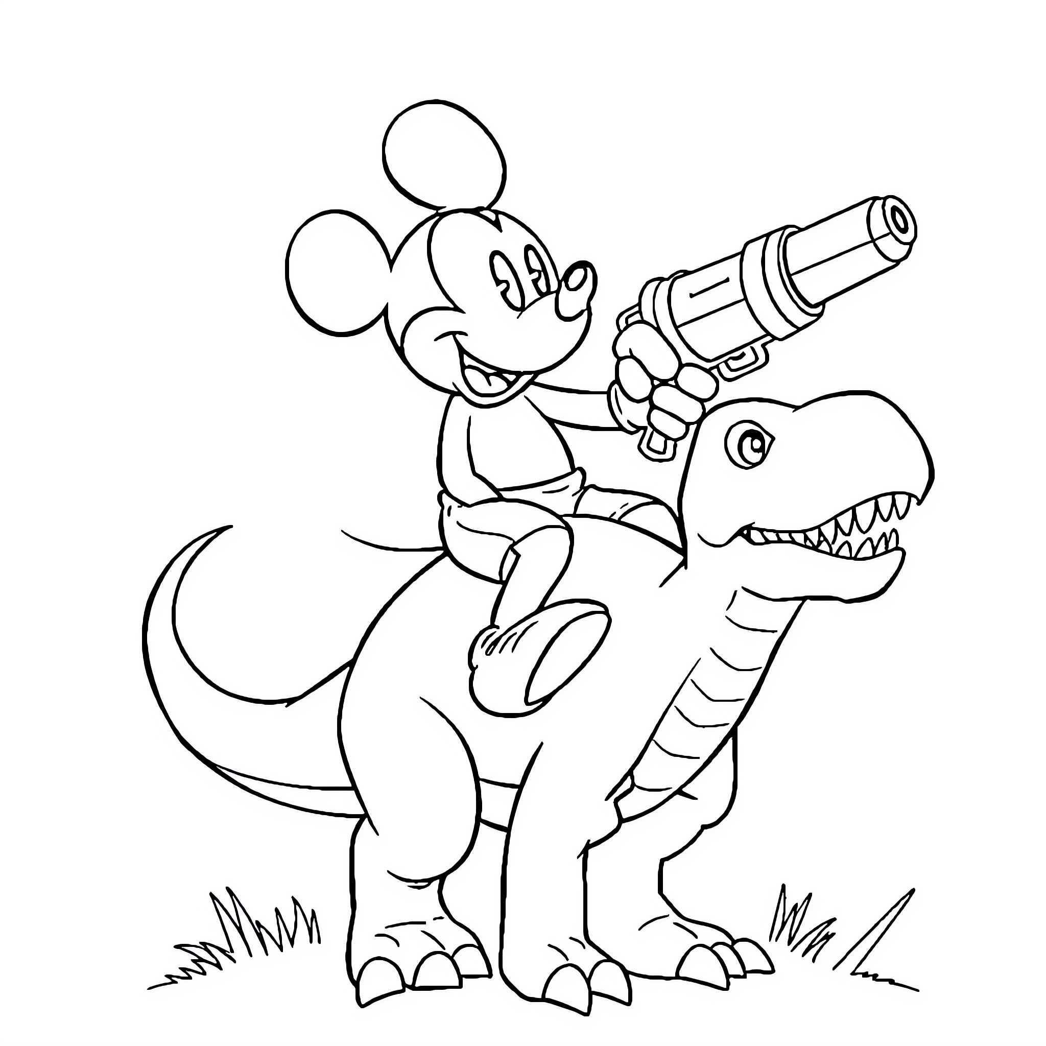 Mickey Mouse riding a dinosaur with a blaster Coloring Page (free black-and-white line drawing printable PDF for all, from beginners to advanced learners, including children, teens, adults, and seniors)