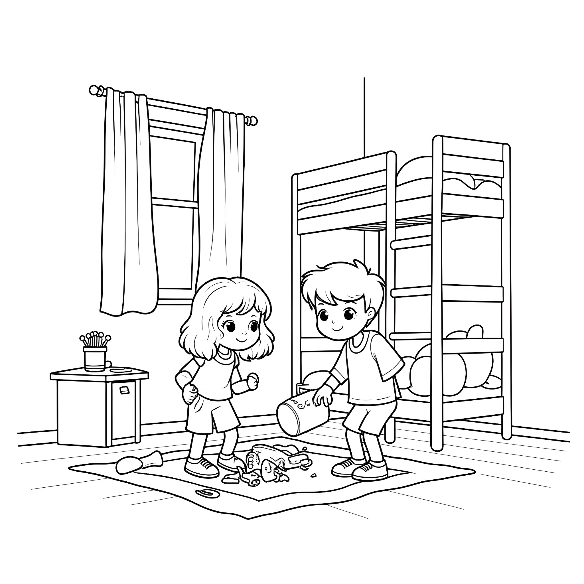 Child Playing with Toys in Bedroom Coloring Page (free black-and-white line drawing printable PDF for all, from beginners to advanced learners, including children, teens, adults, and seniors)