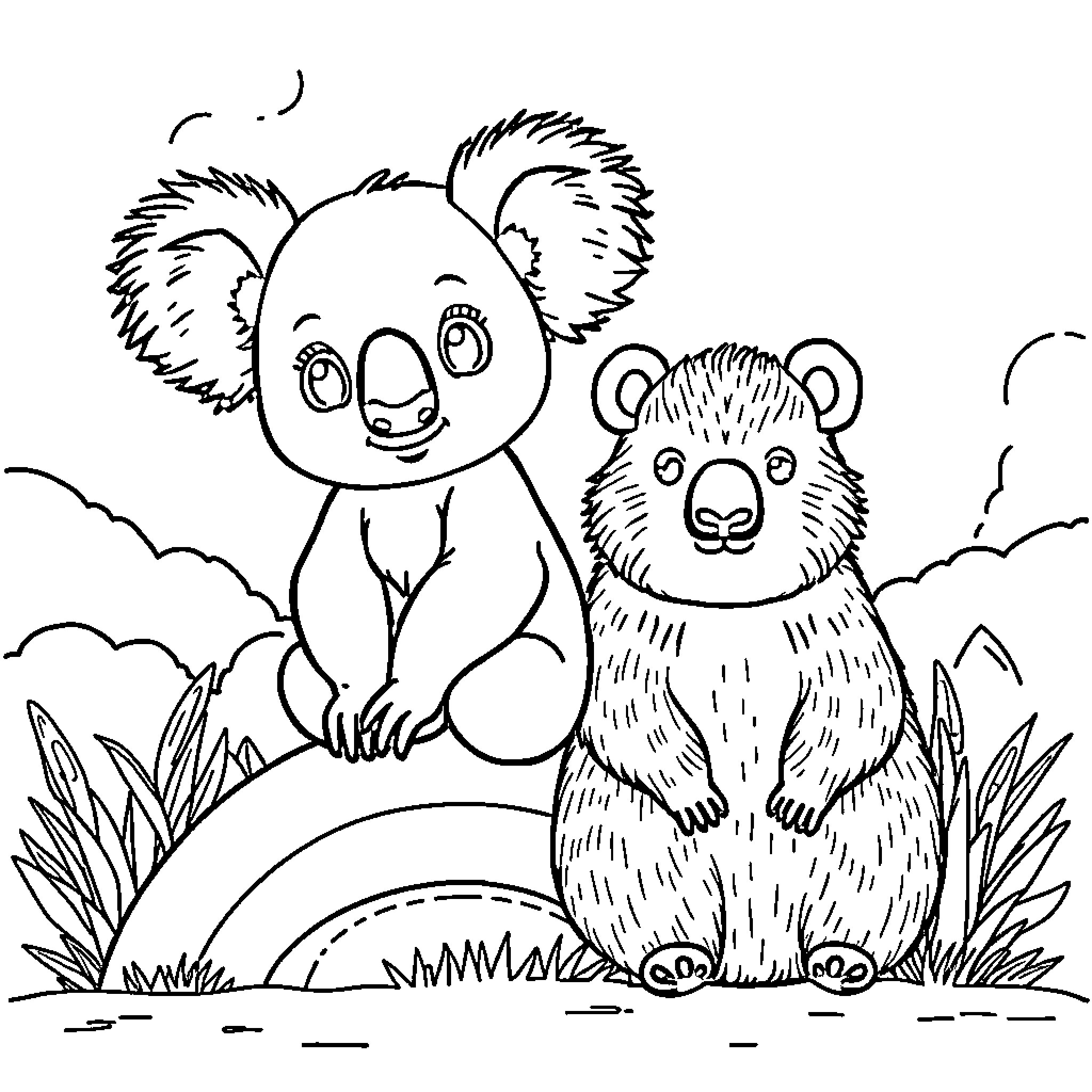 Koala and Bear Enjoying Nature Together Coloring Page (free black-and-white line drawing printable PDF for all, from beginners to advanced learners, including children, teens, adults, and seniors)