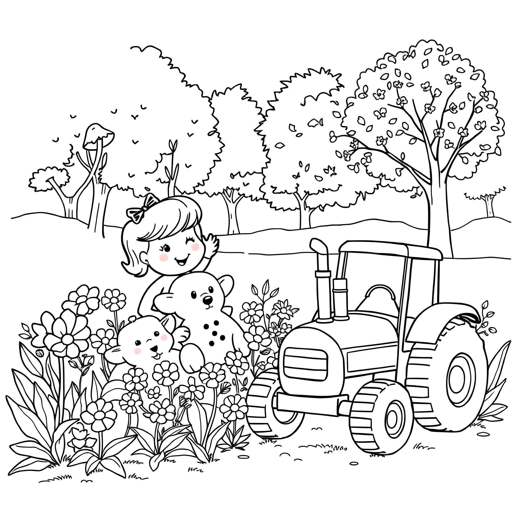 Ms. Stumble's Joyful Garden Adventure Coloring Page (free black-and-white line drawing printable PDF for all, from beginners to advanced learners, including children, teens, adults, and seniors)