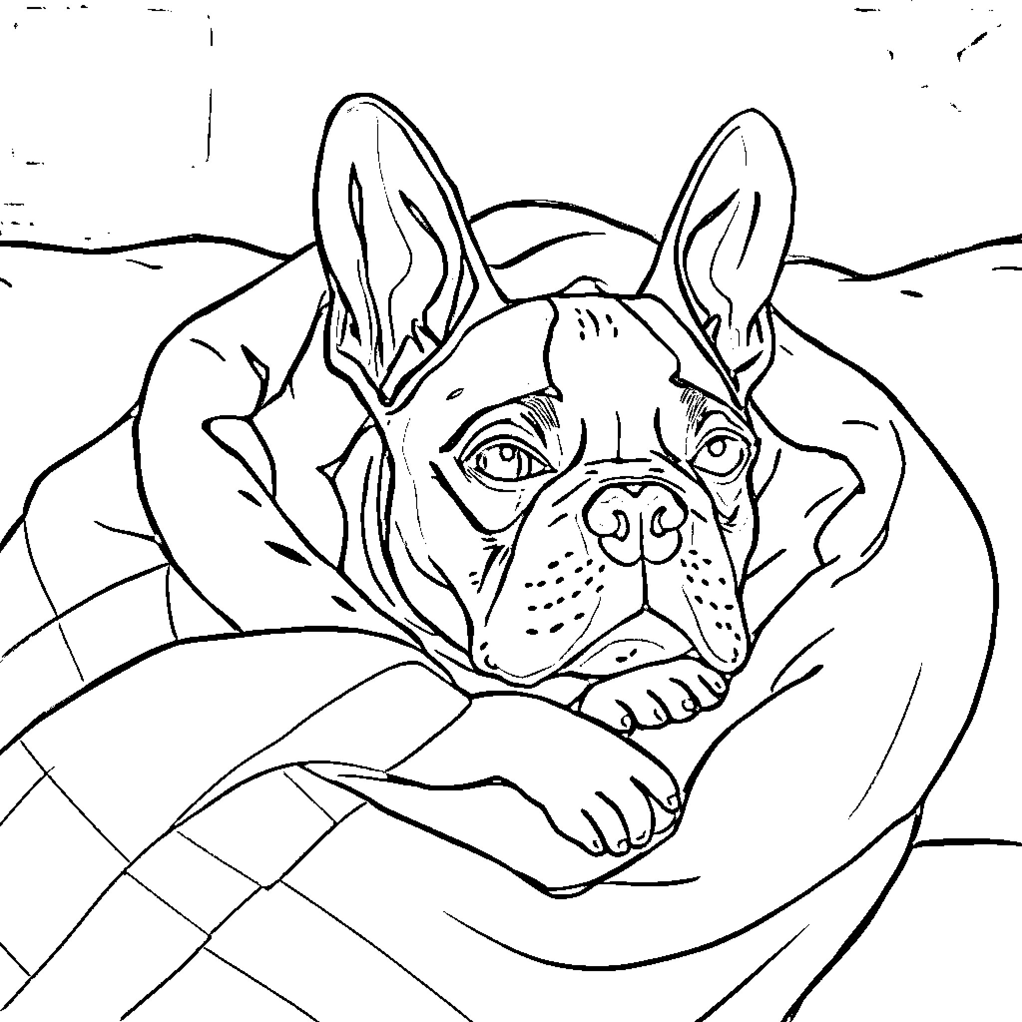 Boston Terrier relaxing in cozy blanket Coloring Page (free black-and-white line drawing printable PDF for all, from beginners to advanced learners, including children, teens, adults, and seniors)