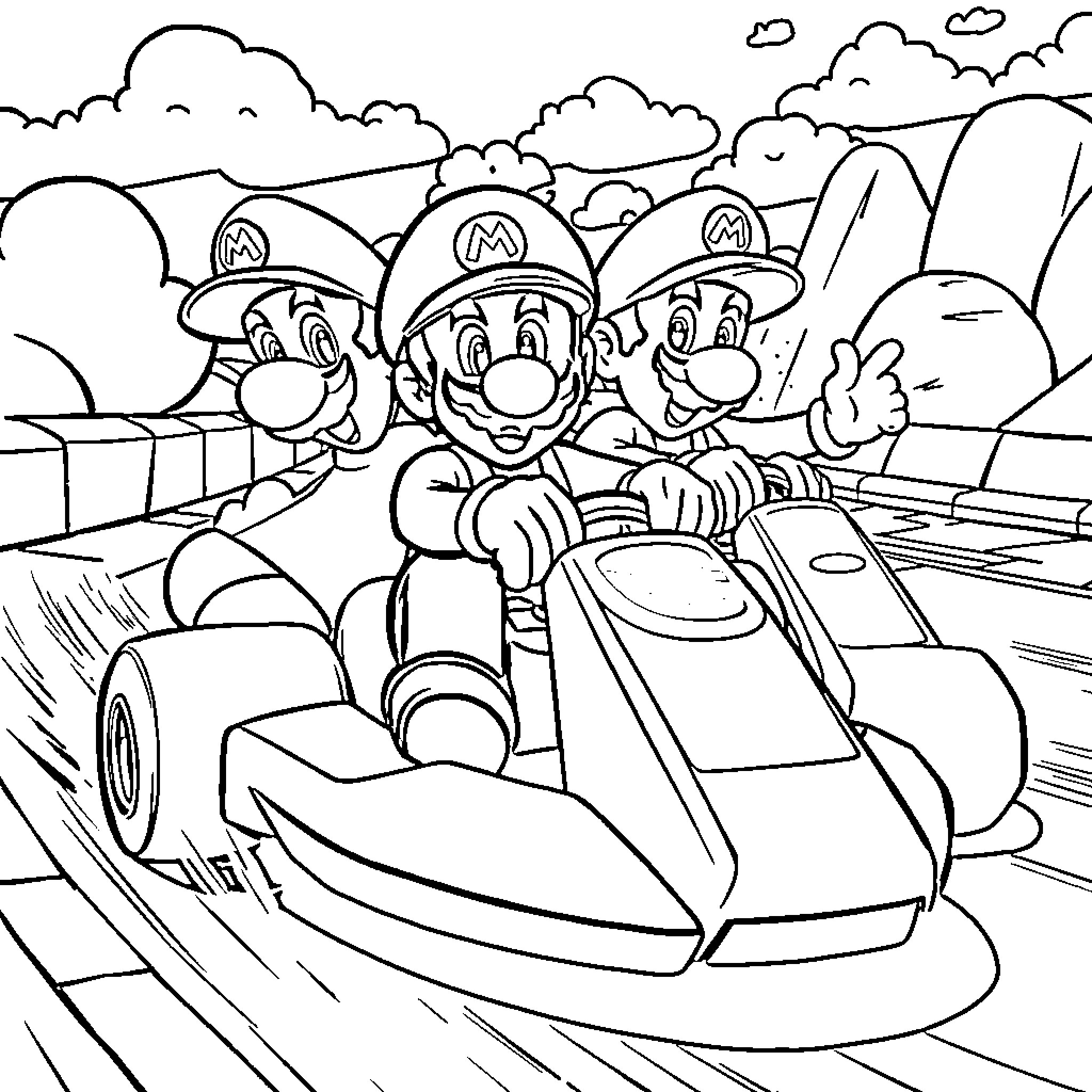 Luigi and friends enjoy a thrilling kart race Coloring Page (free black-and-white line drawing printable PDF for all, from beginners to advanced learners, including children, teens, adults, and seniors)