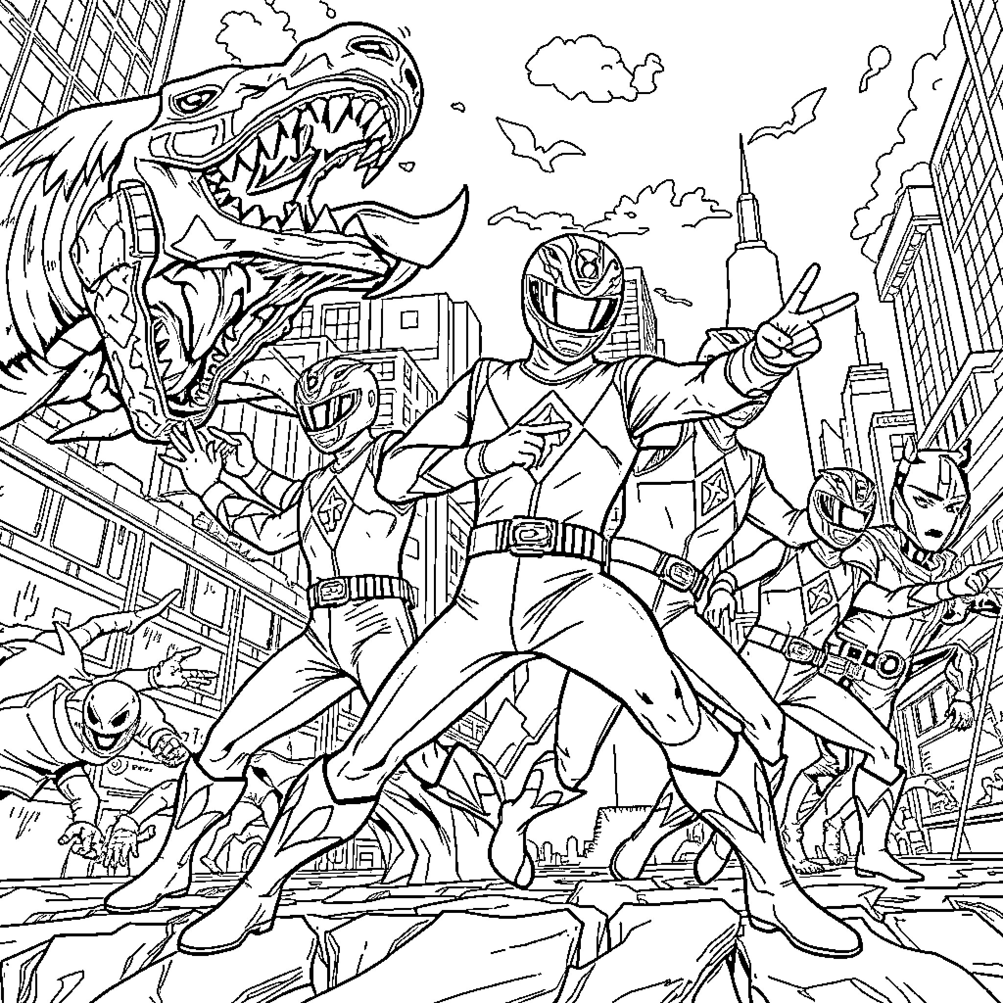 Power Rangers Battling Fierce Creature in the City Coloring Page (free black-and-white line drawing printable PDF for all, from beginners to advanced learners, including children, teens, adults, and seniors)