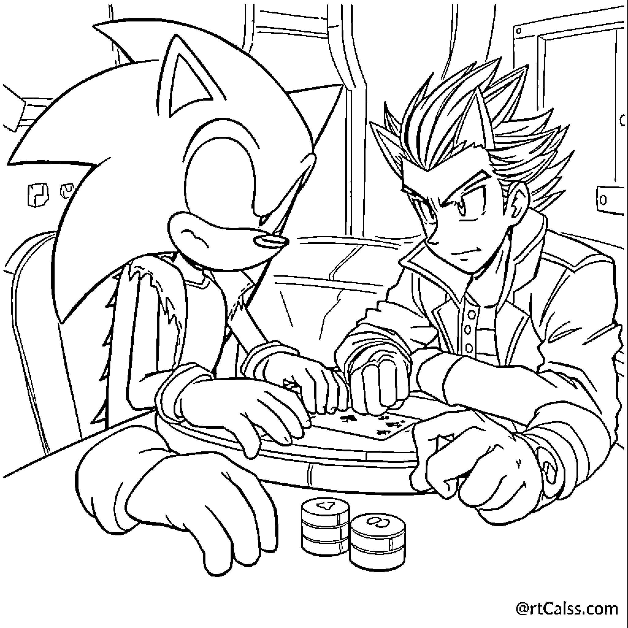 Sonic characters playing video games together Coloring Page (free black-and-white line drawing printable PDF for all, from beginners to advanced learners, including children, teens, adults, and seniors)
