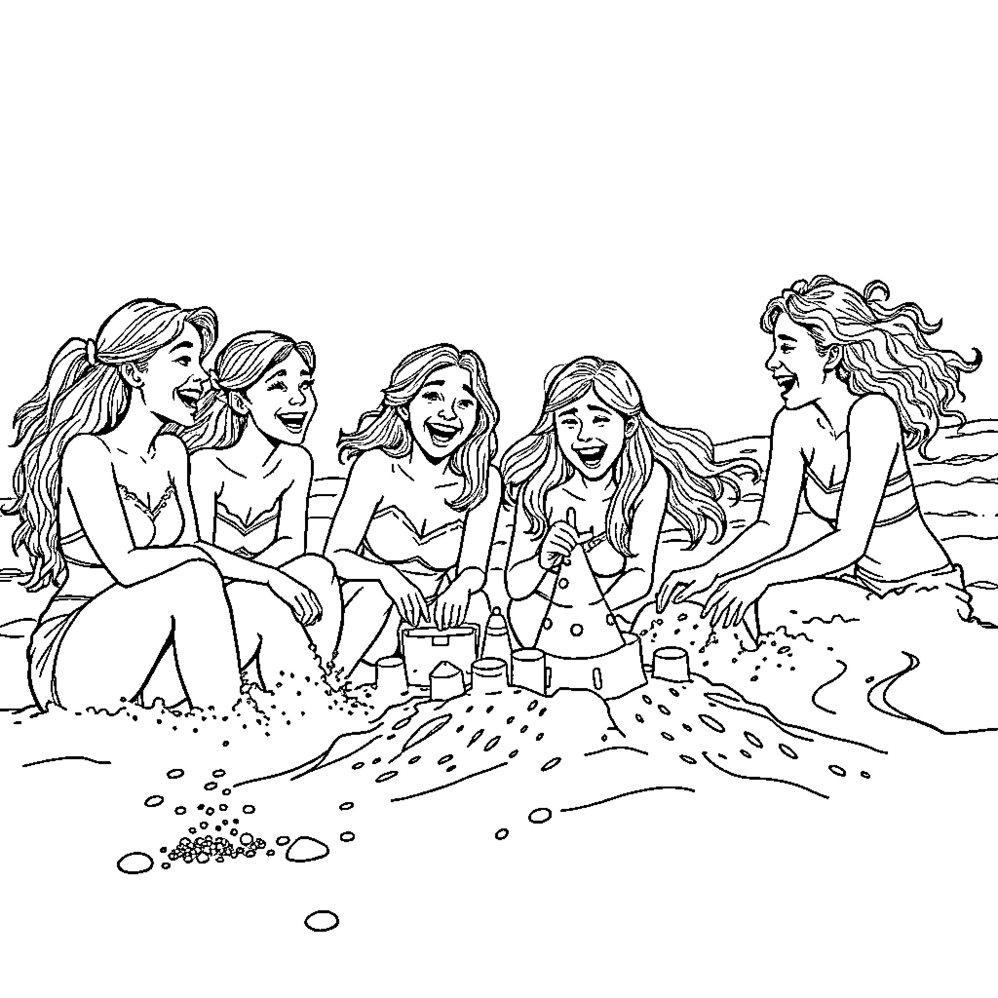 Teen girls spending fun day at the beach Coloring Page (free black-and-white line drawing printable PDF for all, from beginners to advanced learners, including children, teens, adults, and seniors)