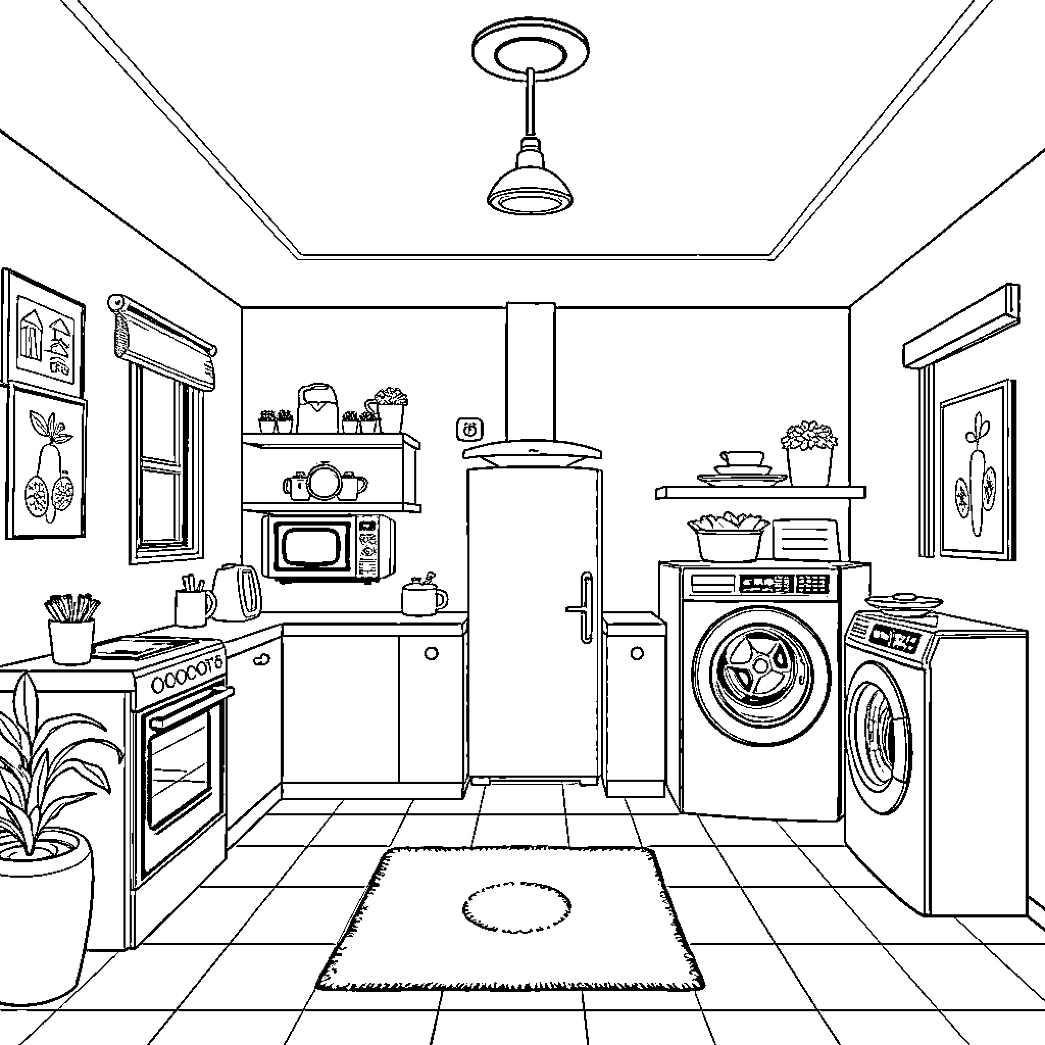 Electrodomesticos in a Modern Kitchen Setting Coloring Page (free black-and-white line drawing printable PDF for all, from beginners to advanced learners, including children, teens, adults, and seniors)