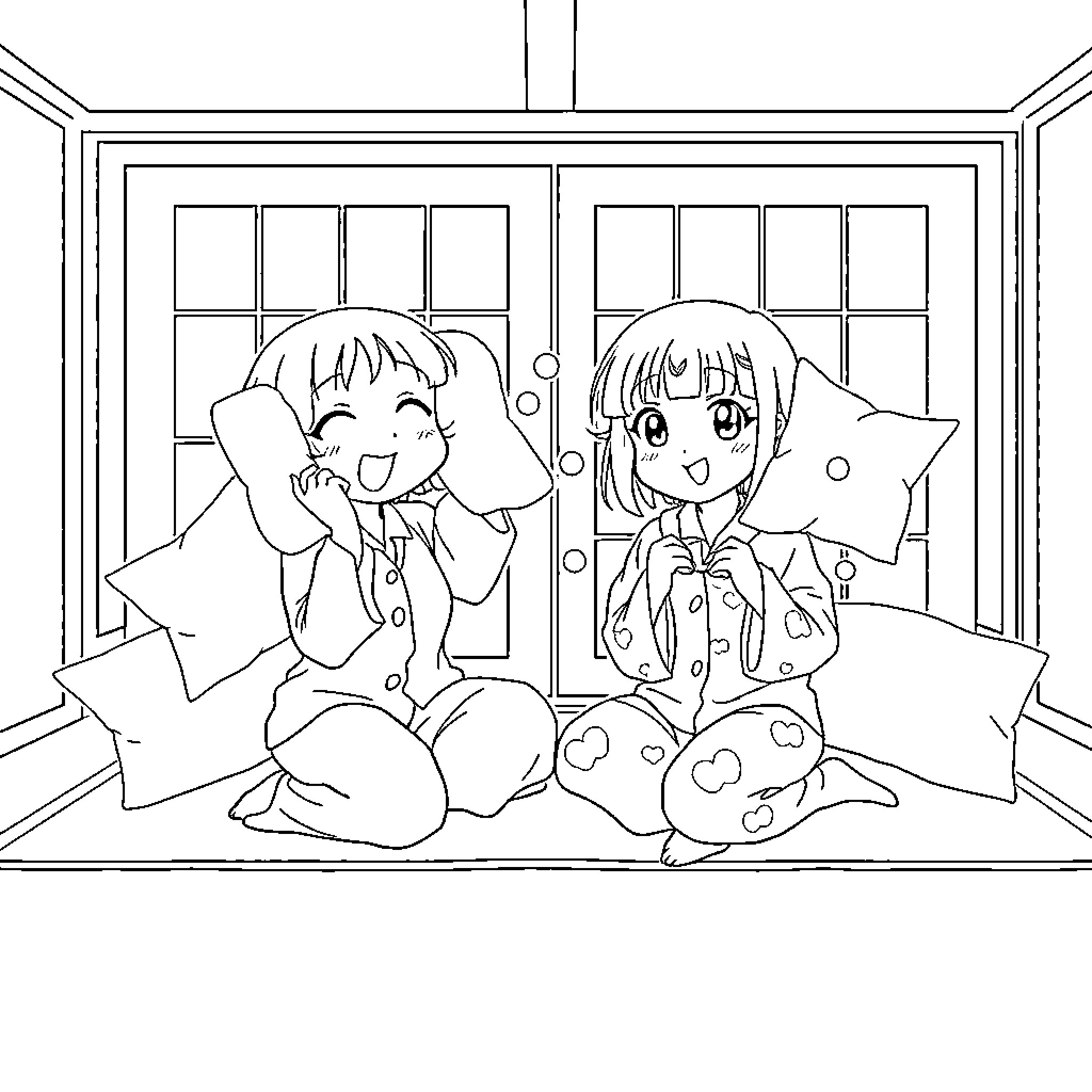 Ranma and Akane in playful indoor scene Coloring Page (free black-and-white line drawing printable PDF for all, from beginners to advanced learners, including children, teens, adults, and seniors)