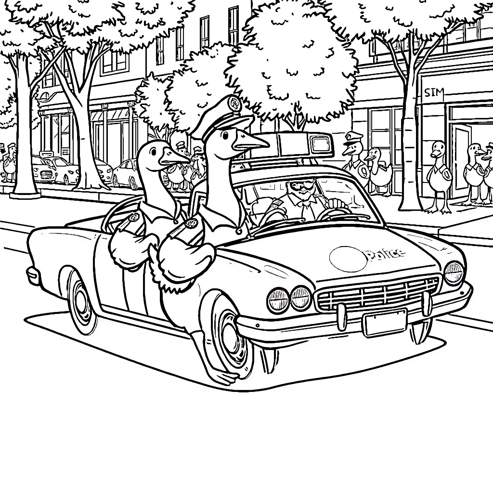 Goose Duo Riding in a Classic Car on the Street Coloring Page (free black-and-white line drawing printable PDF for all, from beginners to advanced learners, including children, teens, adults, and seniors)