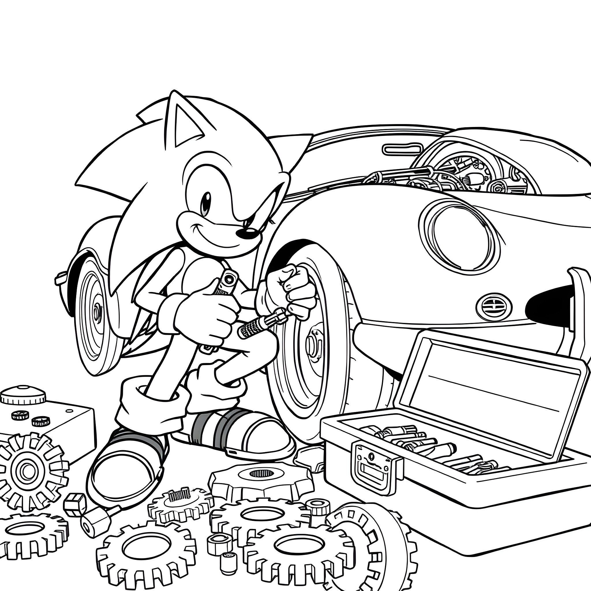 Sonic fixing his high-speed vehicle with tools Coloring Page (free black-and-white line drawing printable PDF for all, from beginners to advanced learners, including children, teens, adults, and seniors)