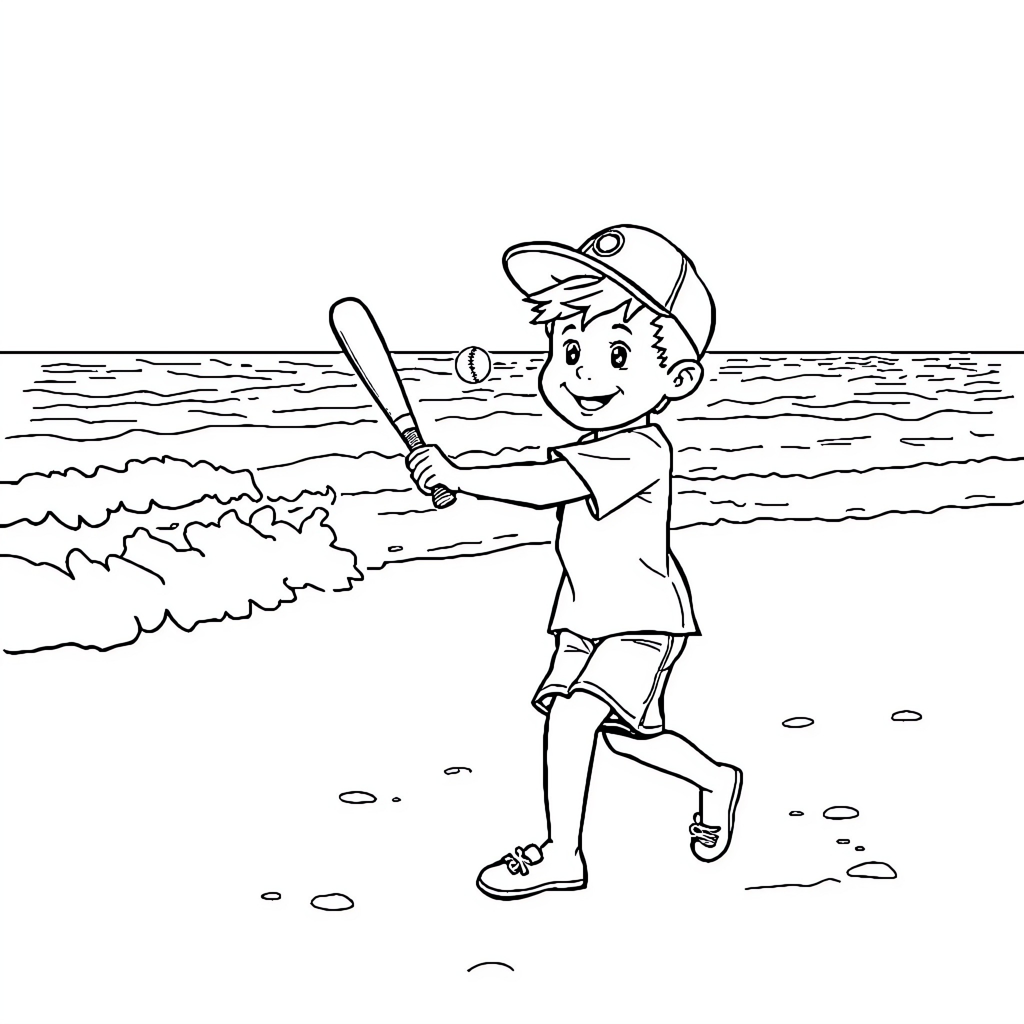 Kid playing baseball on the beach Coloring Page (free black-and-white line drawing printable PDF for all, from beginners to advanced learners, including children, teens, adults, and seniors)