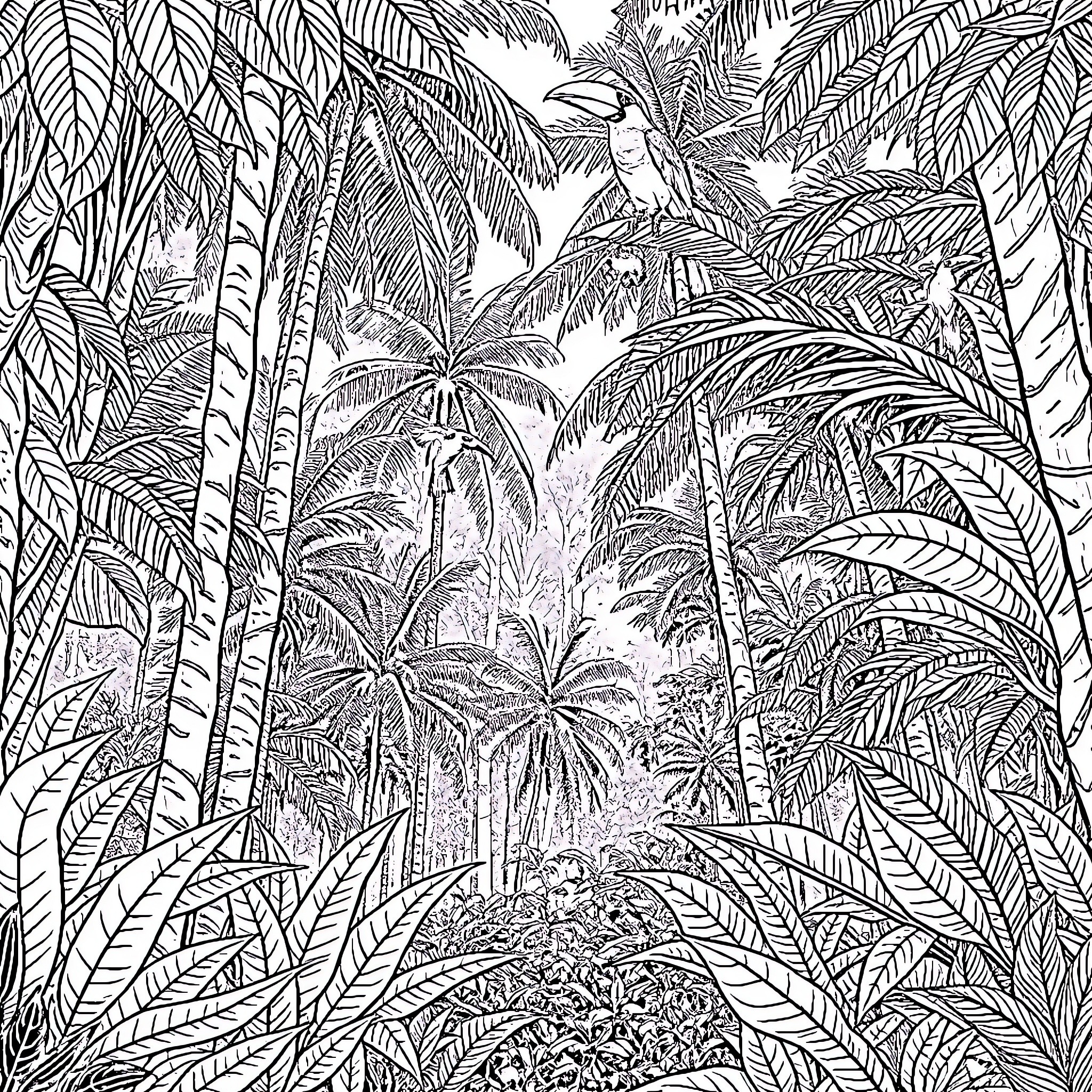 Forest filled with lush tropical foliage Coloring Page (free black-and-white line drawing printable PDF for all, from beginners to advanced learners, including children, teens, adults, and seniors)