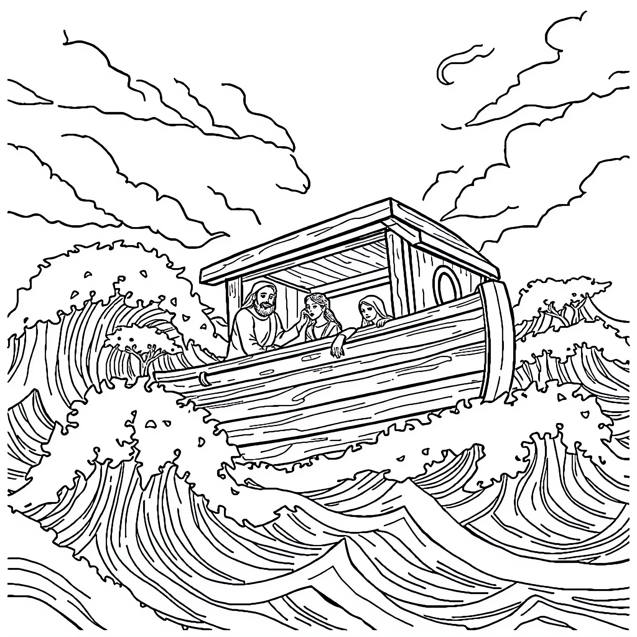 Noah's ark sailing through stormy seas Coloring Page (free black-and-white line drawing printable PDF for all, from beginners to advanced learners, including children, teens, adults, and seniors)