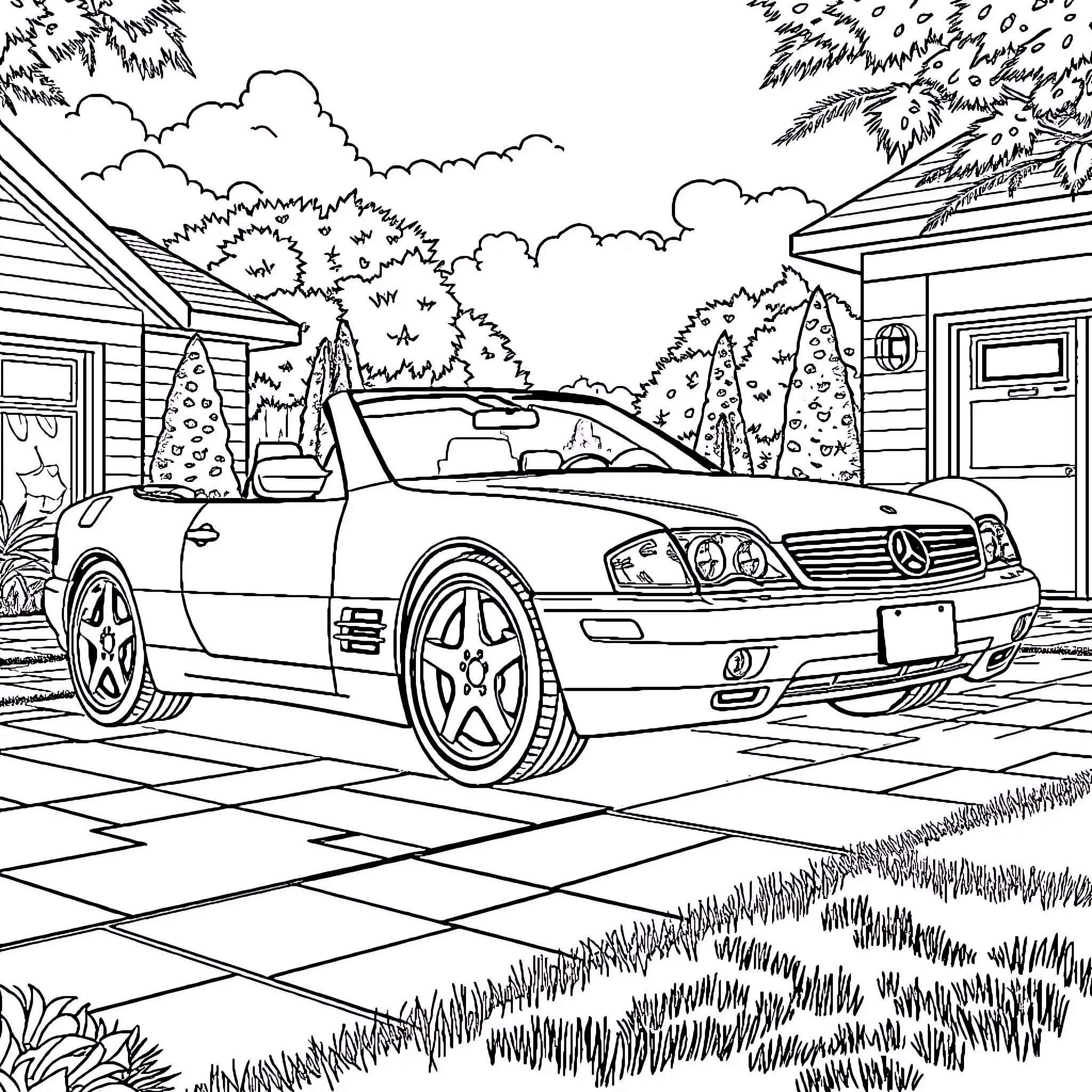 SC300 Mercedes convertible in a scenic outdoor setting Coloring Page (free black-and-white line drawing printable PDF for all, from beginners to advanced learners, including children, teens, adults, and seniors)