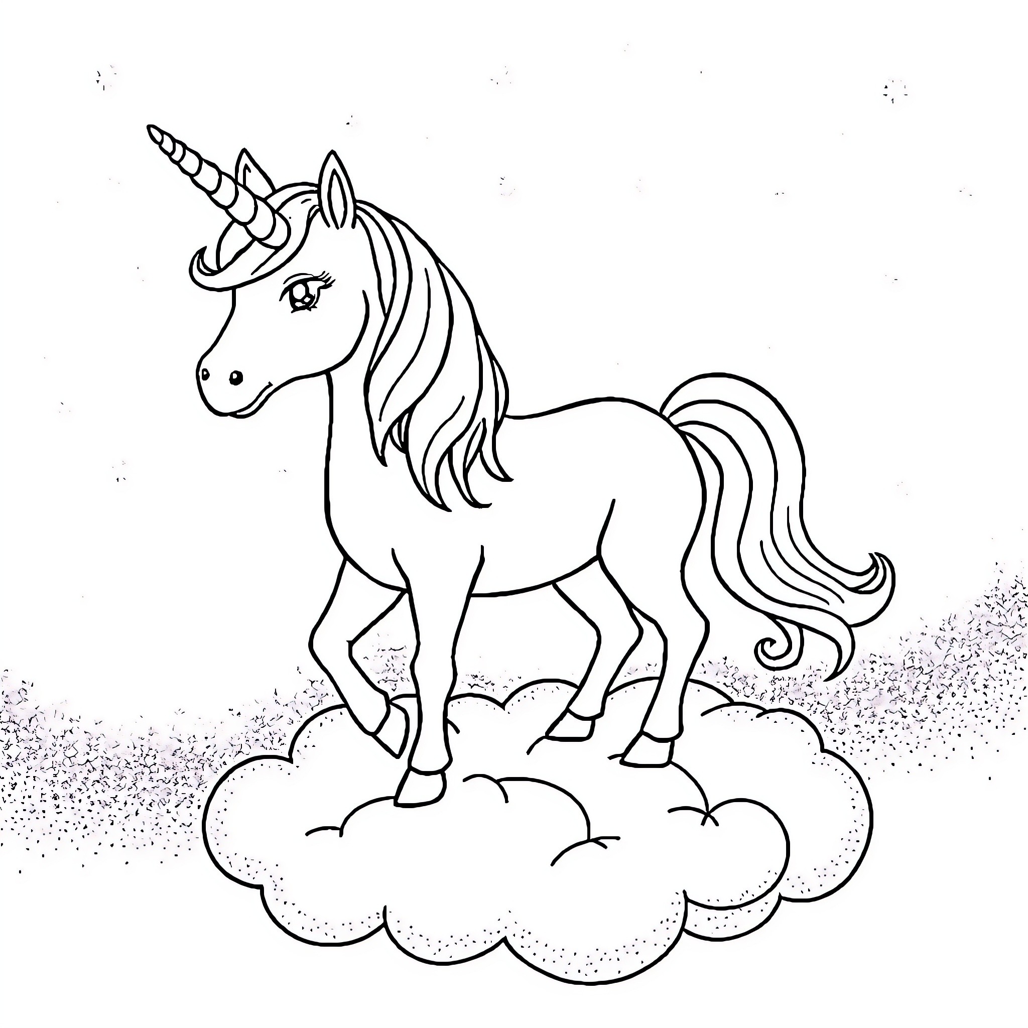 Unicorn standing on a cloud Coloring Page (free black-and-white line drawing printable PDF for all, from beginners to advanced learners, including children, teens, adults, and seniors)