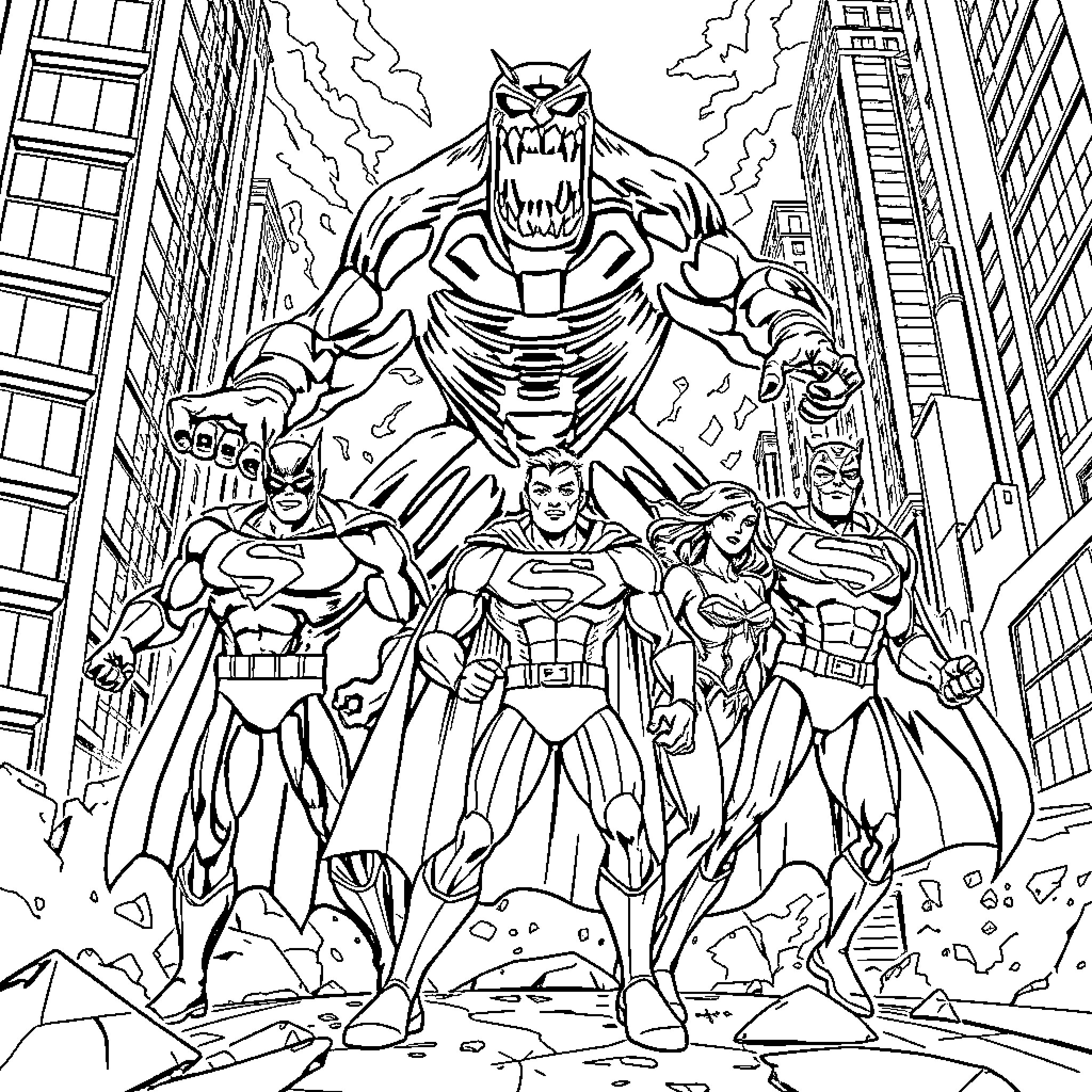 Superhero squad confronting a towering villain in the city Coloring Page (free black-and-white line drawing printable PDF for all, from beginners to advanced learners, including children, teens, adults, and seniors)