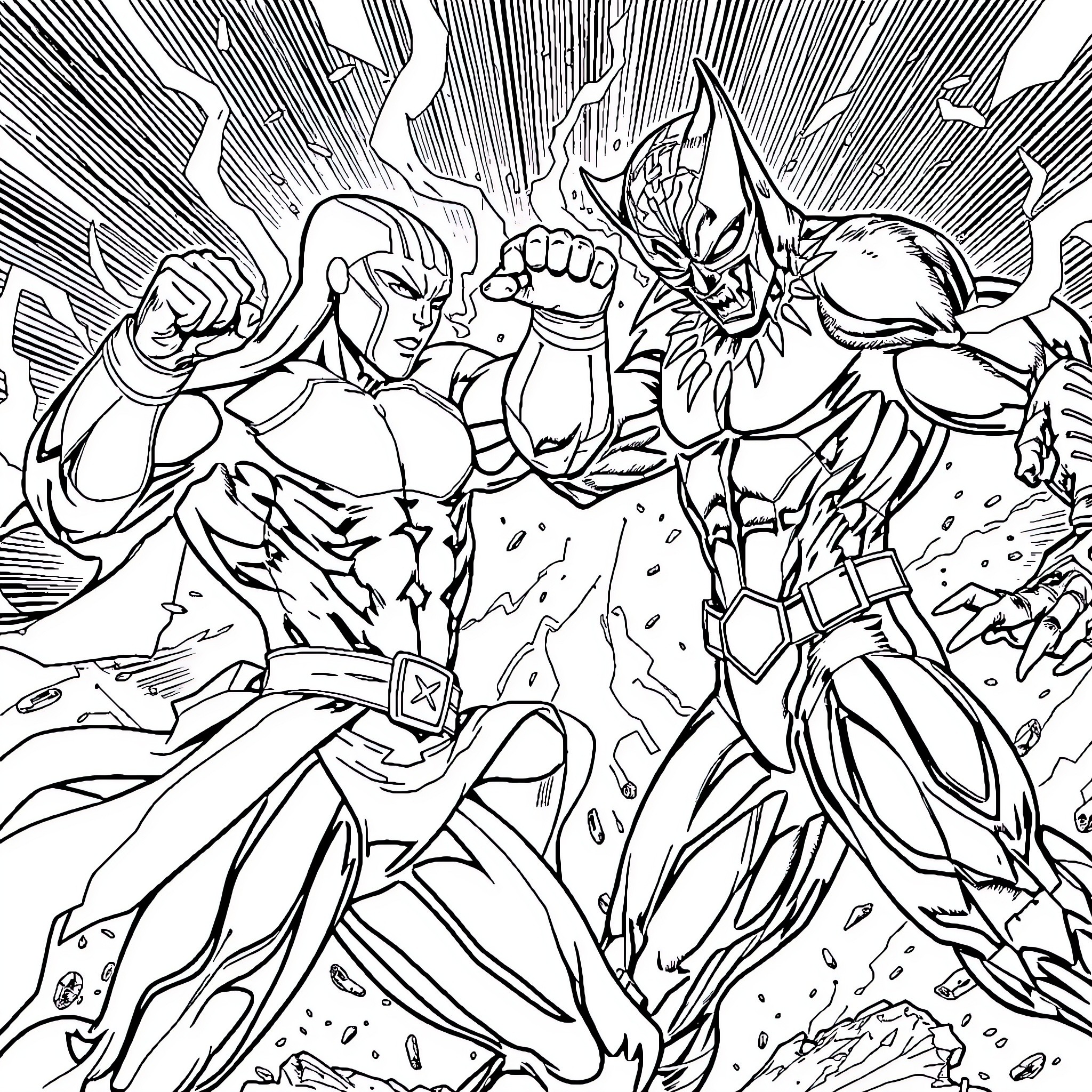 Iron Fist Heroes Clash in Epic Battle Coloring Page (free black-and-white line drawing printable PDF for all, from beginners to advanced learners, including children, teens, adults, and seniors)