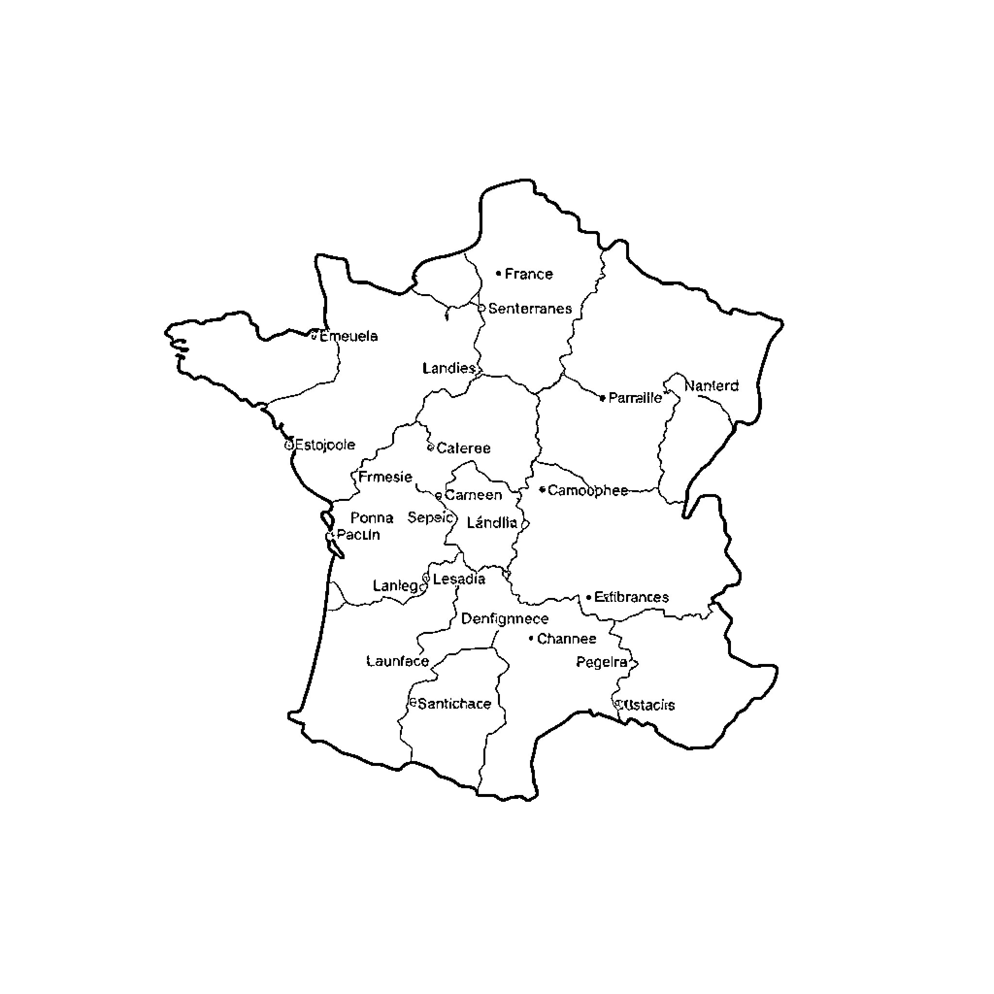 France outlined map with administrative divisions Coloring Page (free black-and-white line drawing printable PDF for all, from beginners to advanced learners, including children, teens, adults, and seniors)