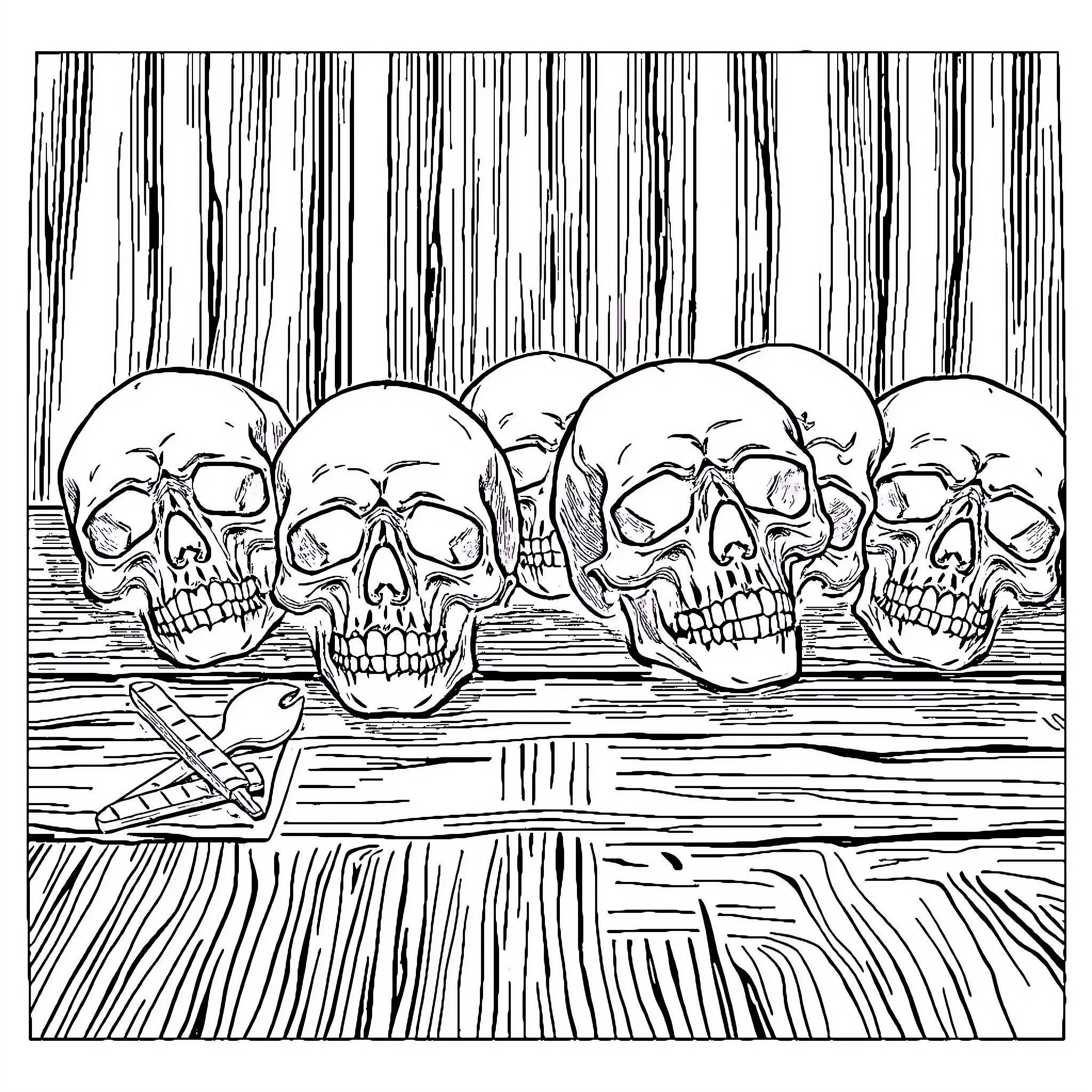 Skull Gathering on Wooden Planks Coloring Page (free black-and-white line drawing printable PDF for all, from beginners to advanced learners, including children, teens, adults, and seniors)