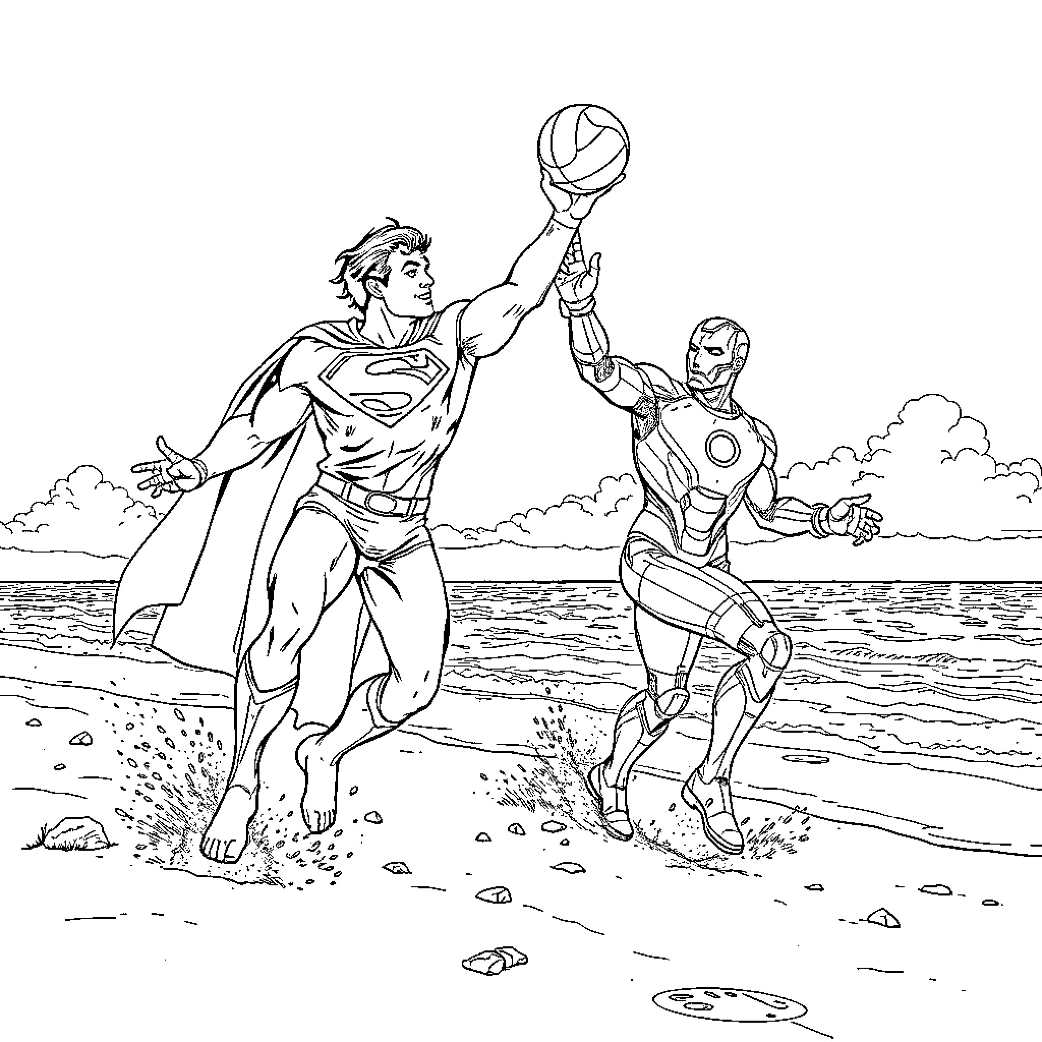 Superman and Iron Man playing on the beach Coloring Page (free black-and-white line drawing printable PDF for all, from beginners to advanced learners, including children, teens, adults, and seniors)