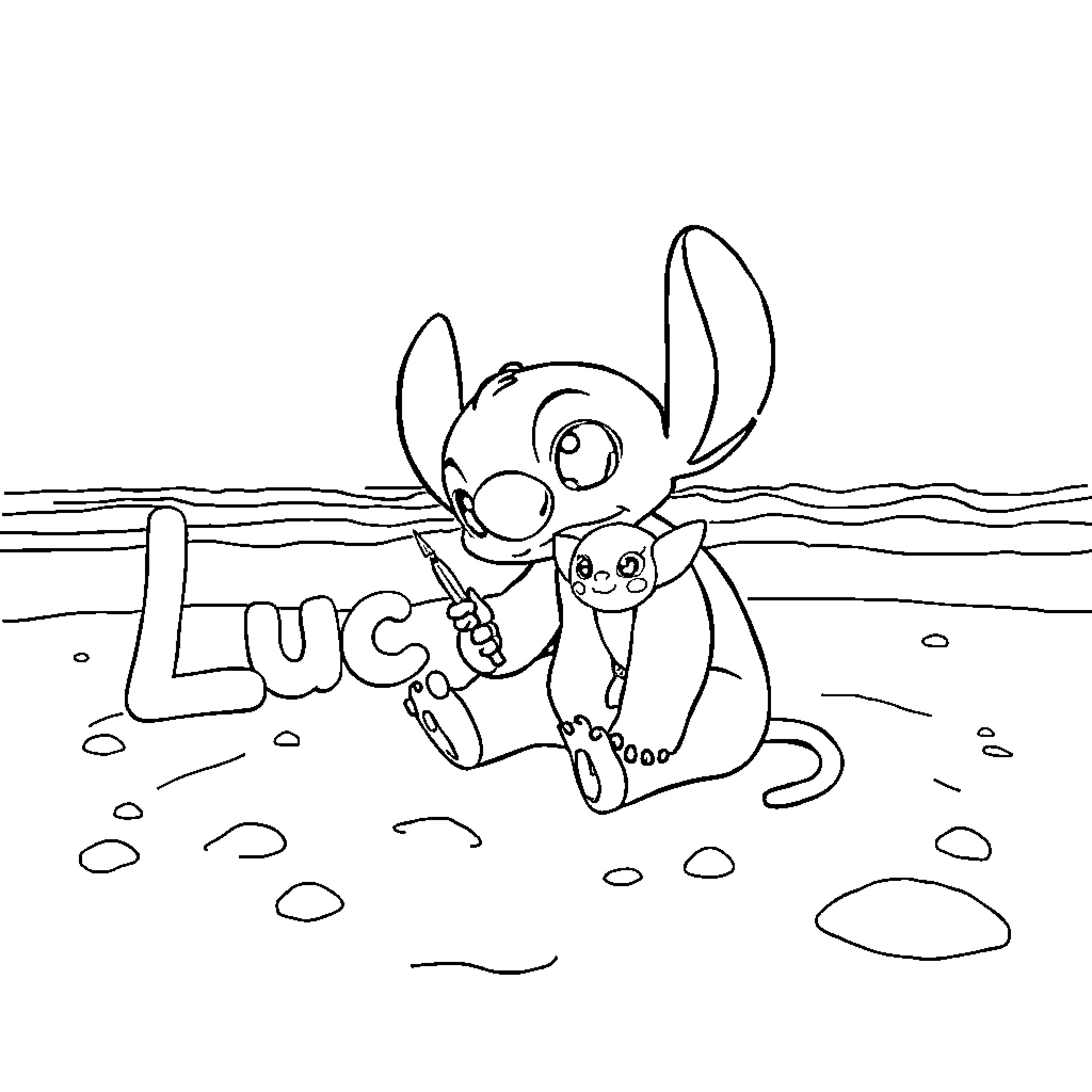 Stitch playing with a friend in the sand Coloring Page (free black-and-white line drawing printable PDF for all, from beginners to advanced learners, including children, teens, adults, and seniors)