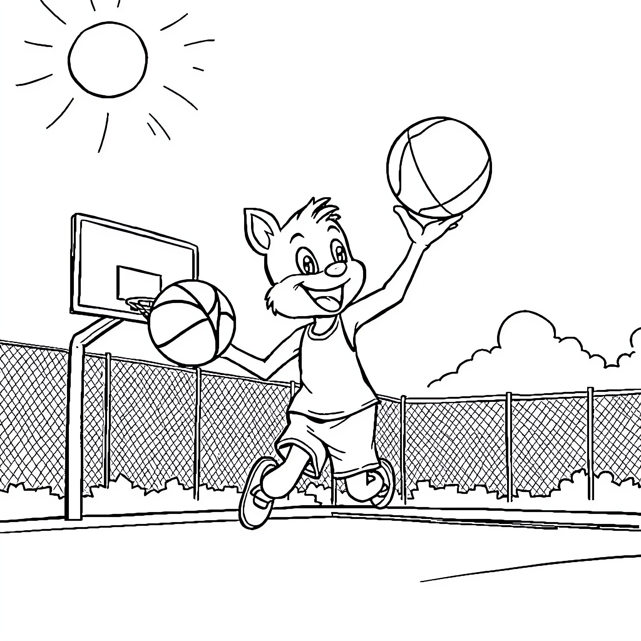 Bluey playing basketball on the court Coloring Page (free black-and-white line drawing printable PDF for all, from beginners to advanced learners, including children, teens, adults, and seniors)