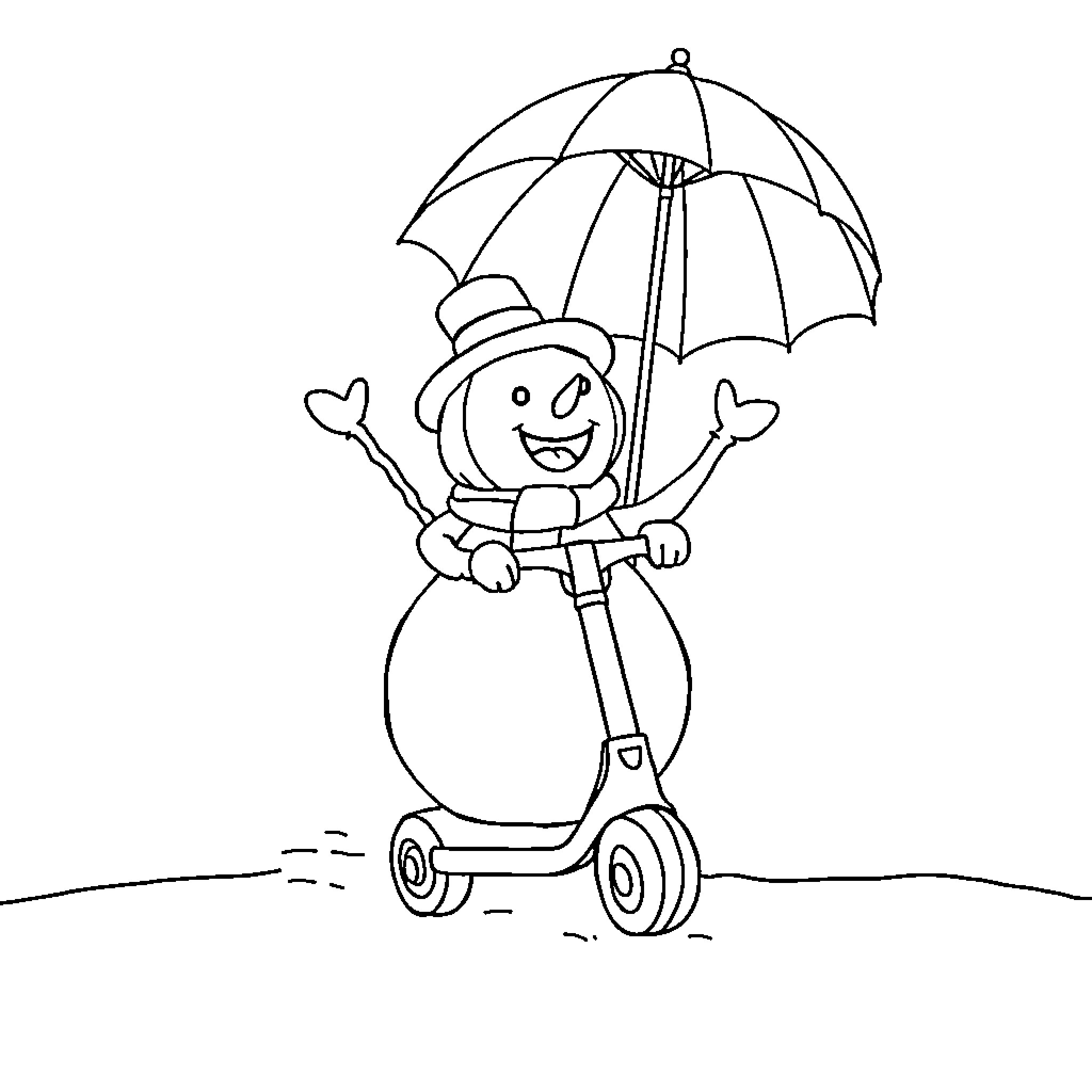 Snowman riding a scooter with umbrella Coloring Page (free black-and-white line drawing printable PDF for all, from beginners to advanced learners, including children, teens, adults, and seniors)