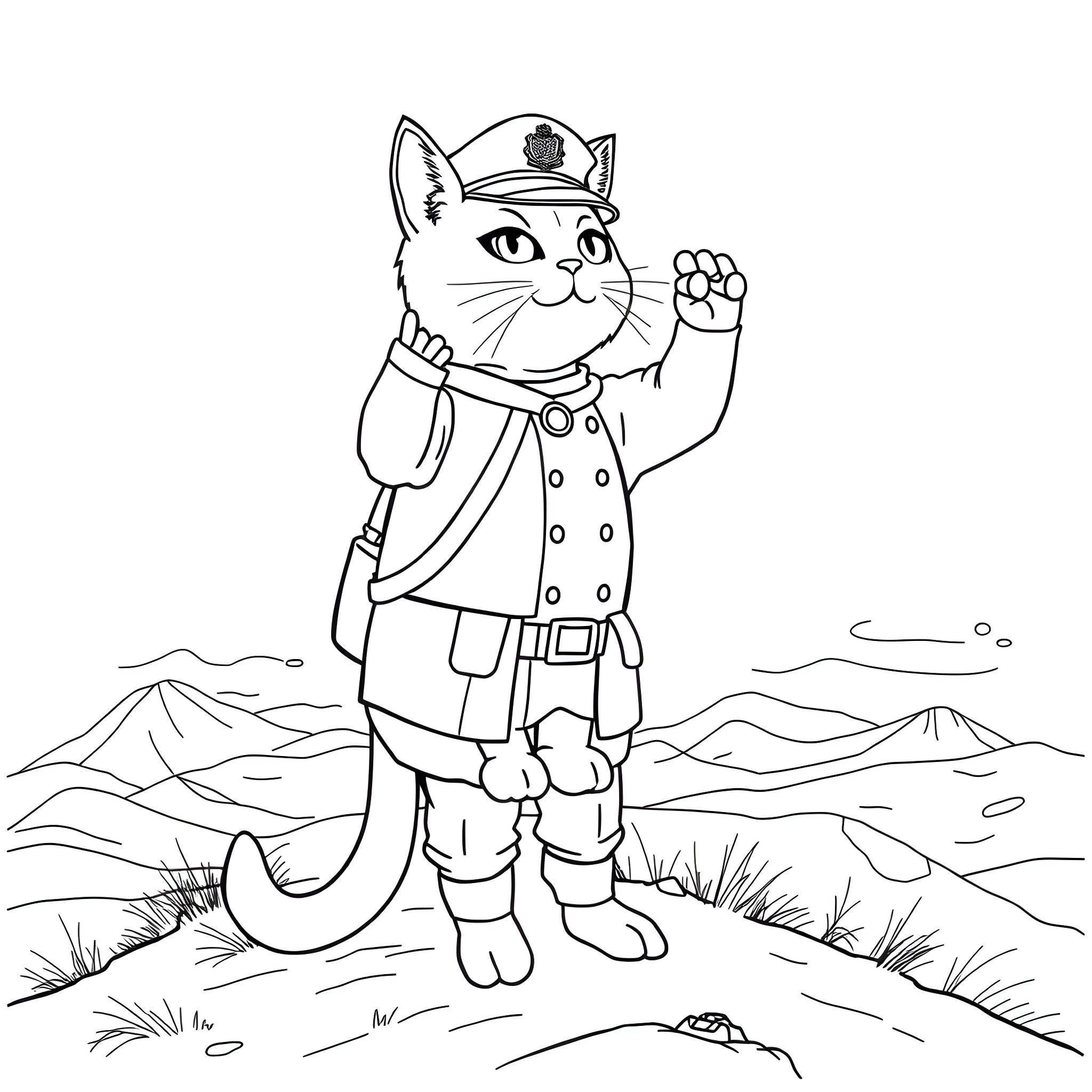 Cat police officer waving in the countryside Coloring Page (free black-and-white line drawing printable PDF for all, from beginners to advanced learners, including children, teens, adults, and seniors)