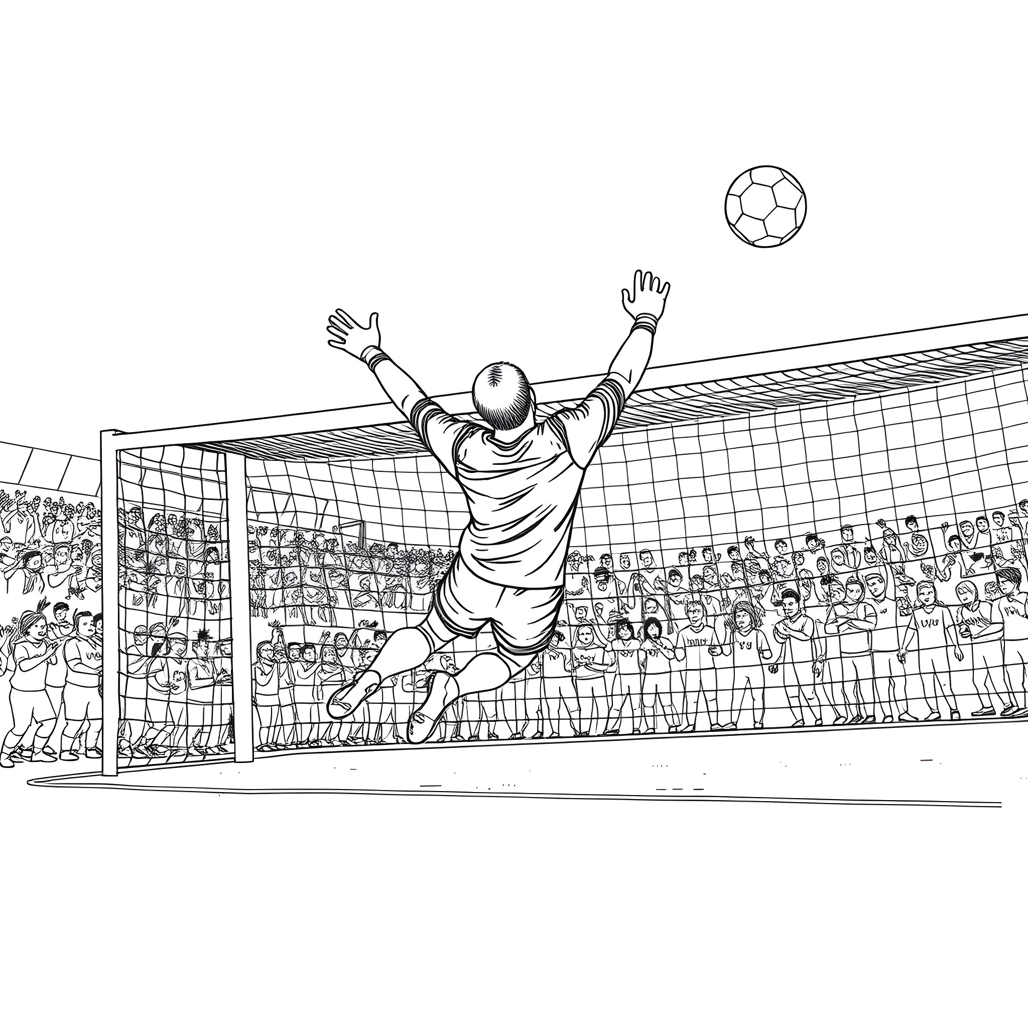 Soccer Goalkeeper Making a Dramatic Save on the Field Coloring Page (free black-and-white line drawing printable PDF for all, from beginners to advanced learners, including children, teens, adults, and seniors)