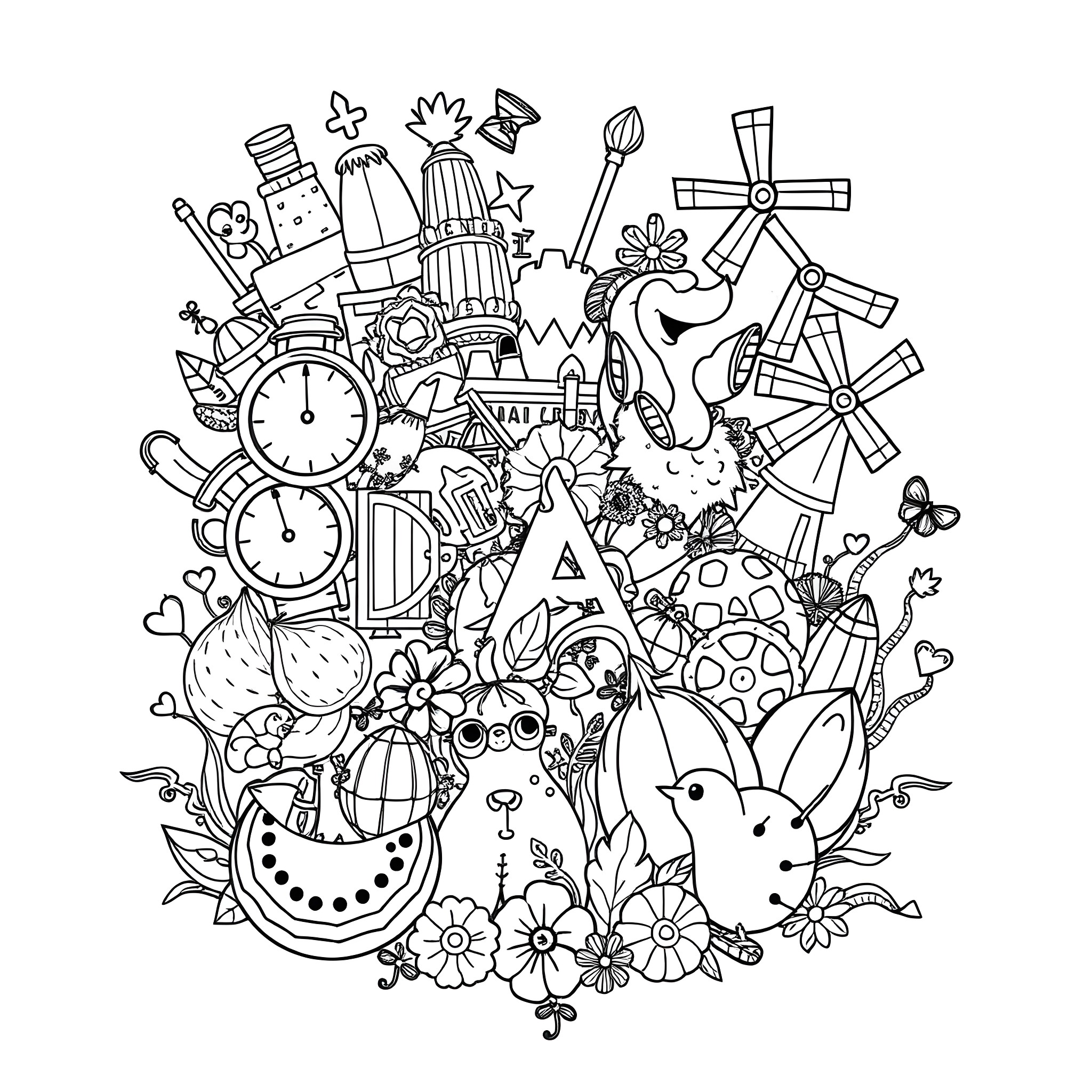 Letter W: Whimsical World of Doodles and Drawings Coloring Page (free black-and-white line drawing printable PDF for all, from beginners to advanced learners, including children, teens, adults, and seniors)