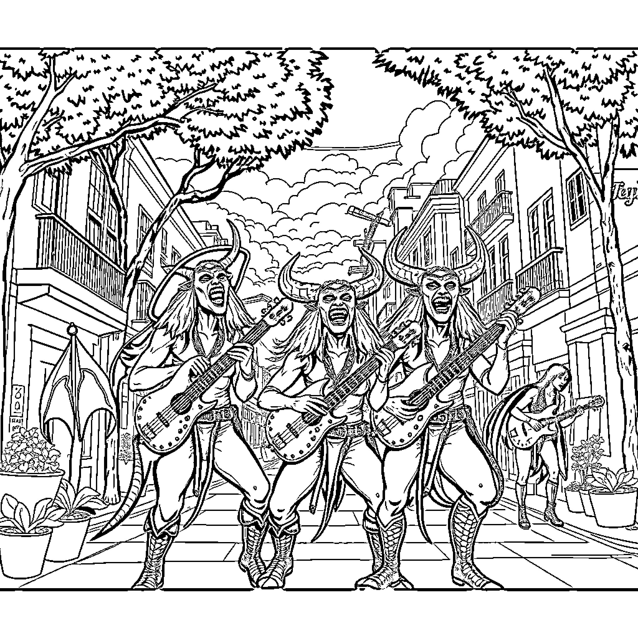 Demon Hunter Band Rocking the Streets Coloring Page (free black-and-white line drawing printable PDF for all, from beginners to advanced learners, including children, teens, adults, and seniors)