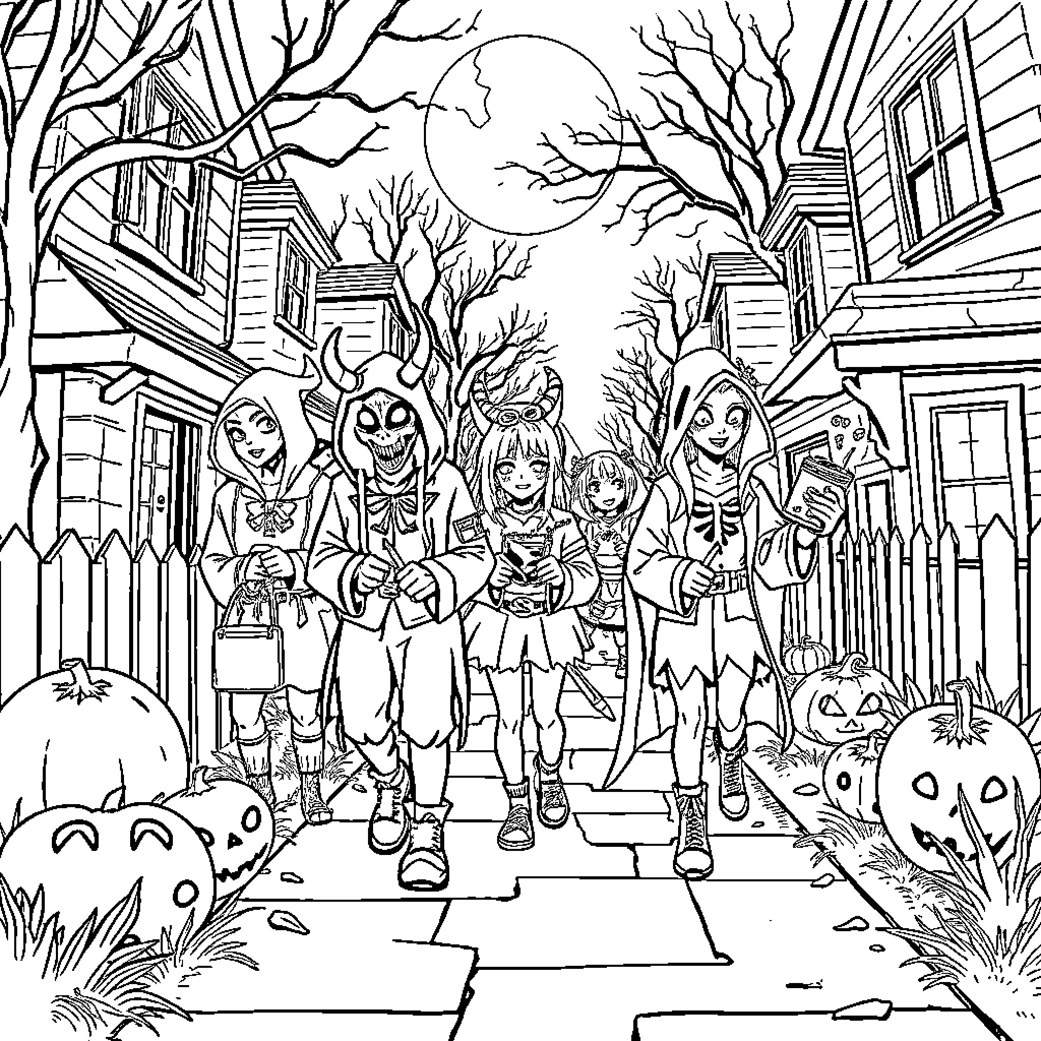 Demon Hunter Trick-or-Treaters in Spooky Neighborhood Coloring Page (free black-and-white line drawing printable PDF for all, from beginners to advanced learners, including children, teens, adults, and seniors)