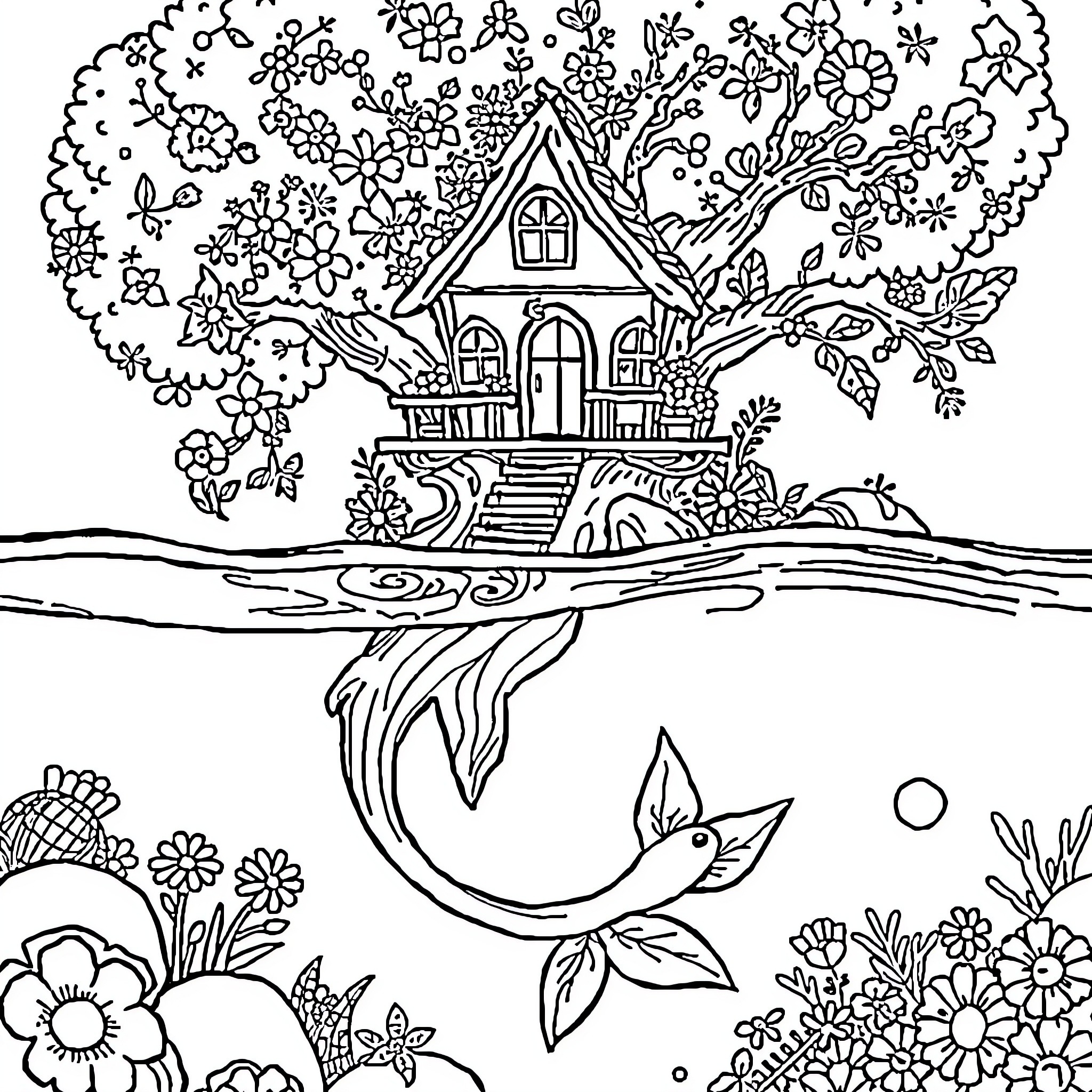 Treehouse in a floral enchanted forest Coloring Page (free black-and-white line drawing printable PDF for all, from beginners to advanced learners, including children, teens, adults, and seniors)