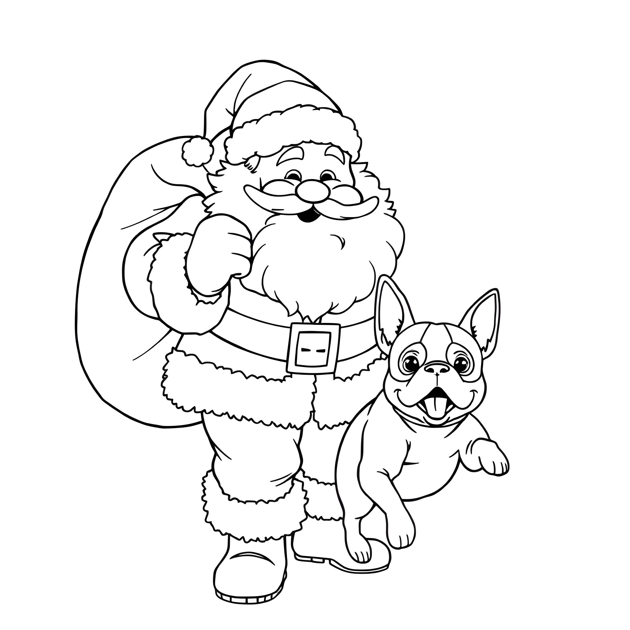 Santa Claus with a Friendly Dog Coloring Page (free black-and-white line drawing printable PDF for all, from beginners to advanced learners, including children, teens, adults, and seniors)