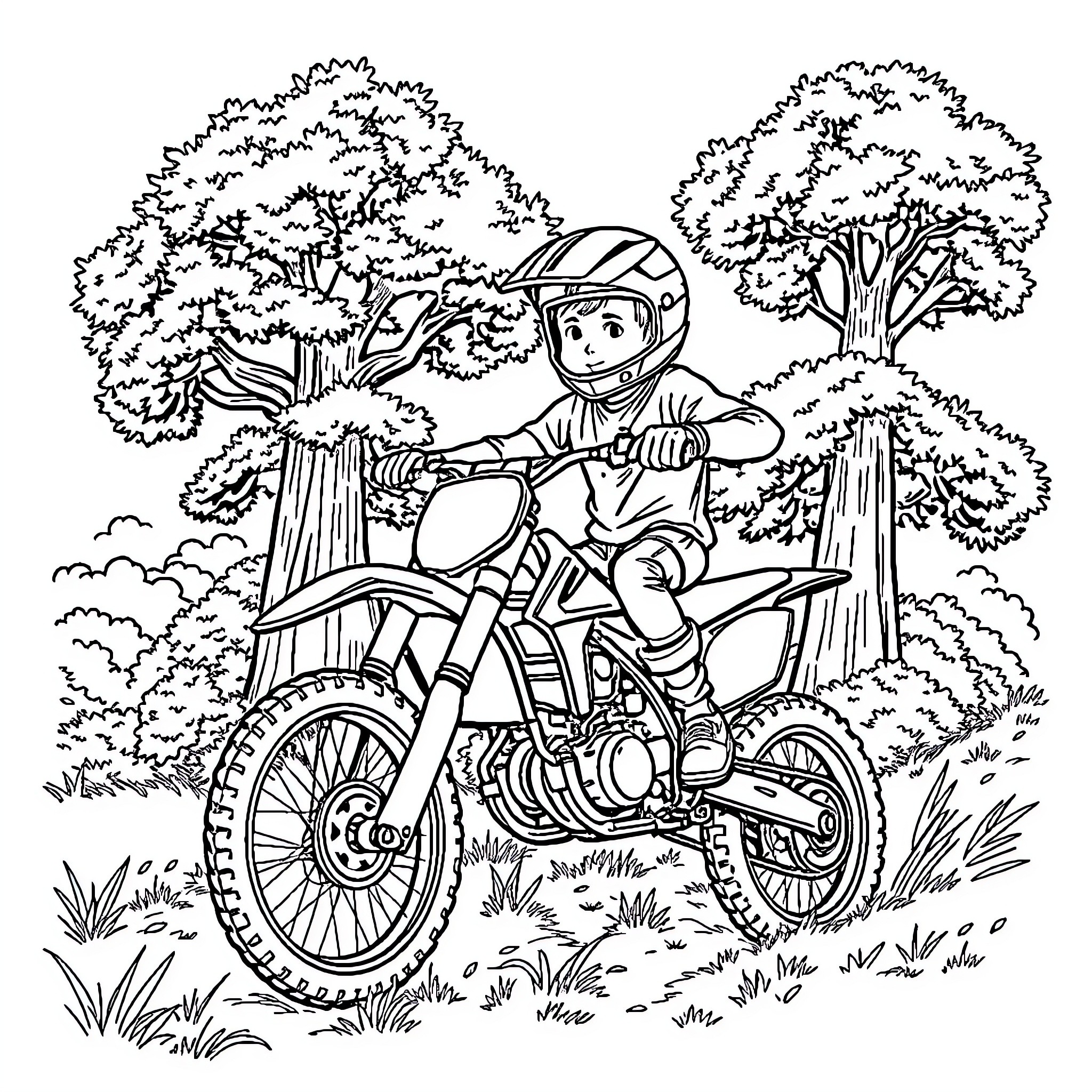 Child riding dirt bike in forest Coloring Page (free black-and-white line drawing printable PDF for all, from beginners to advanced learners, including children, teens, adults, and seniors)
