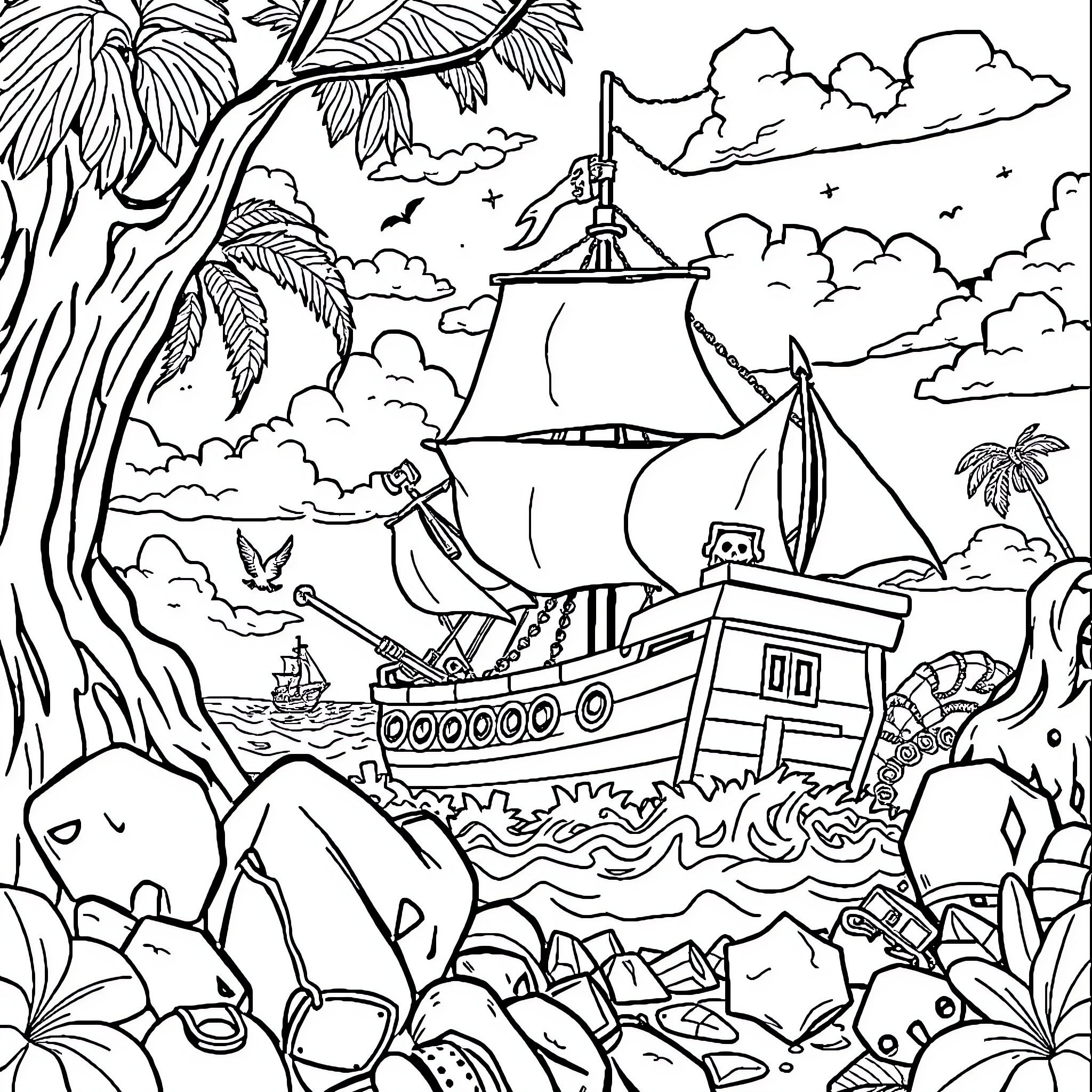 One Piece Sailing Adventure on the High Seas Coloring Page (free black-and-white line drawing printable PDF for all, from beginners to advanced learners, including children, teens, adults, and seniors)