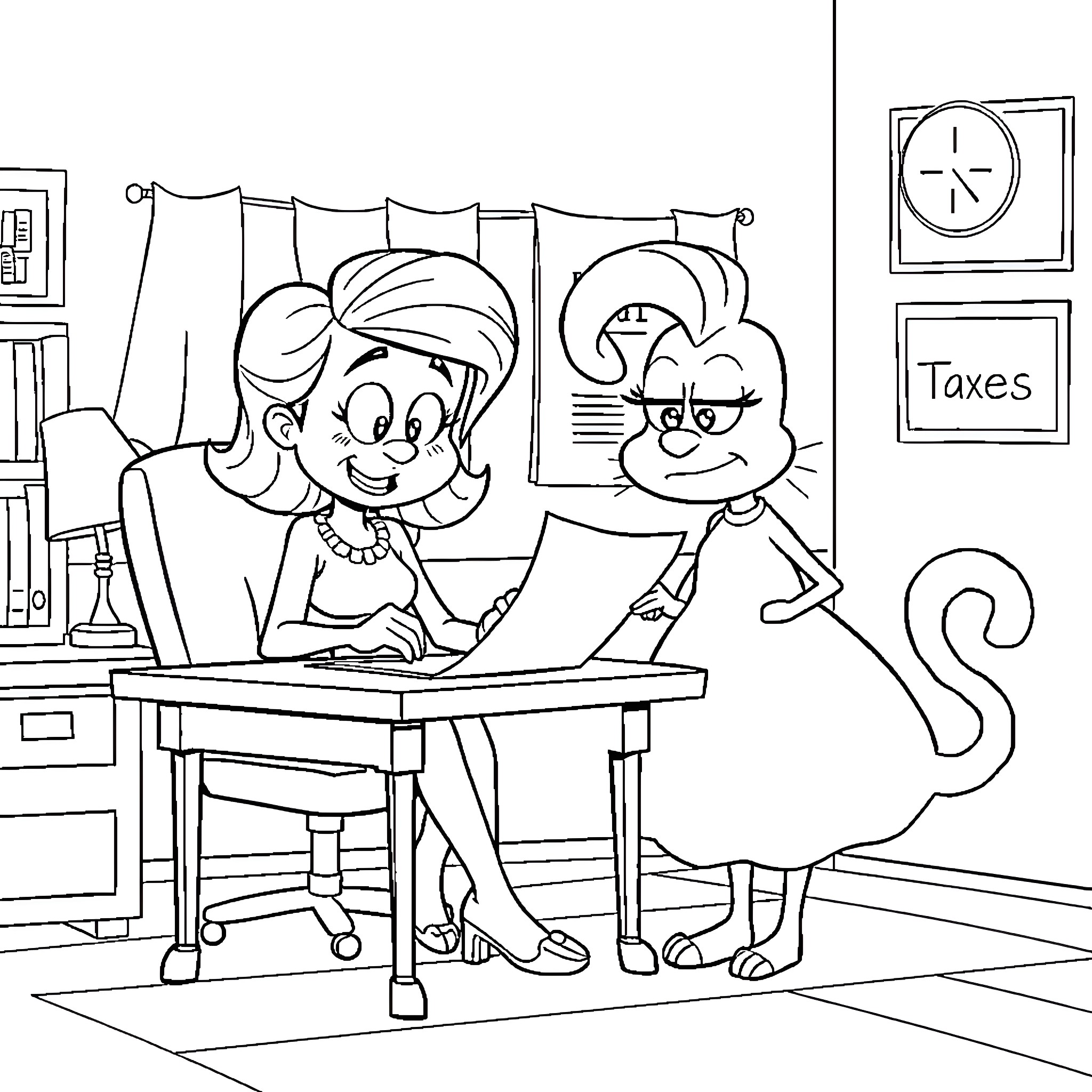 Bluey and friend playing in the office Coloring Page (free black-and-white line drawing printable PDF for all, from beginners to advanced learners, including children, teens, adults, and seniors)