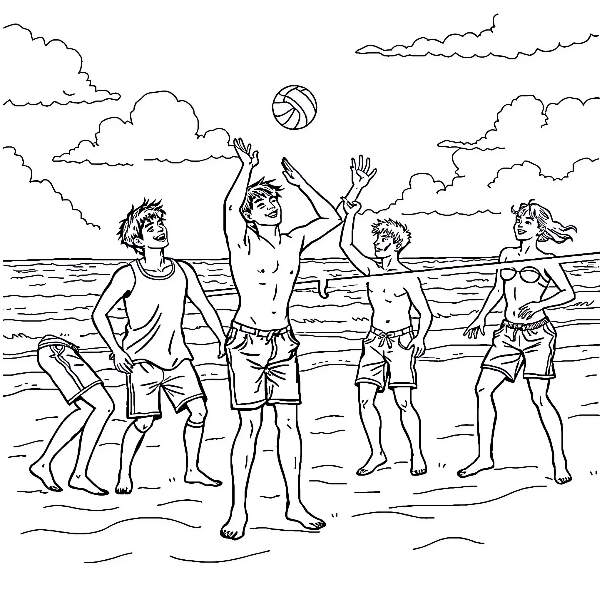 BTS friends playing beach volleyball under cloudy sky Coloring Page (free black-and-white line drawing printable PDF for all, from beginners to advanced learners, including children, teens, adults, and seniors)