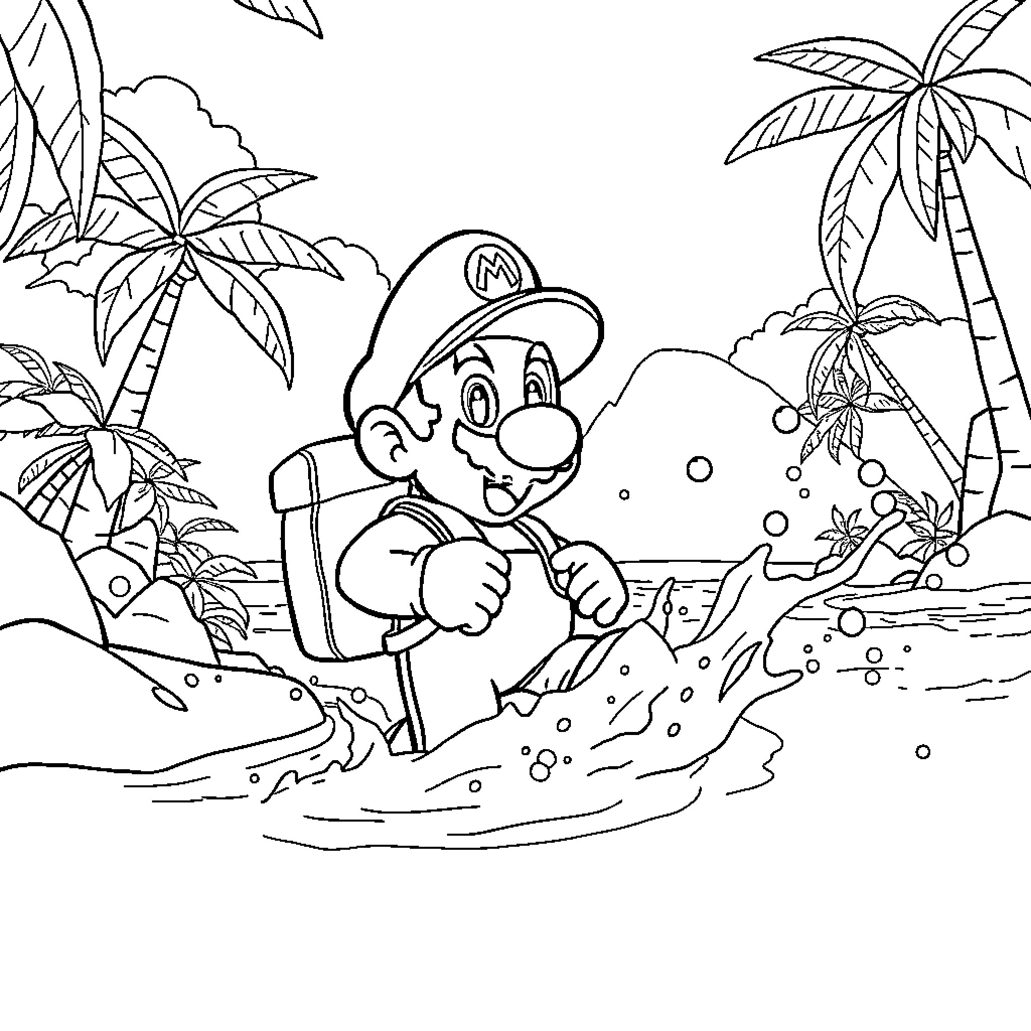 Mario exploring a tropical beach scene Coloring Page (free black-and-white line drawing printable PDF for all, from beginners to advanced learners, including children, teens, adults, and seniors)