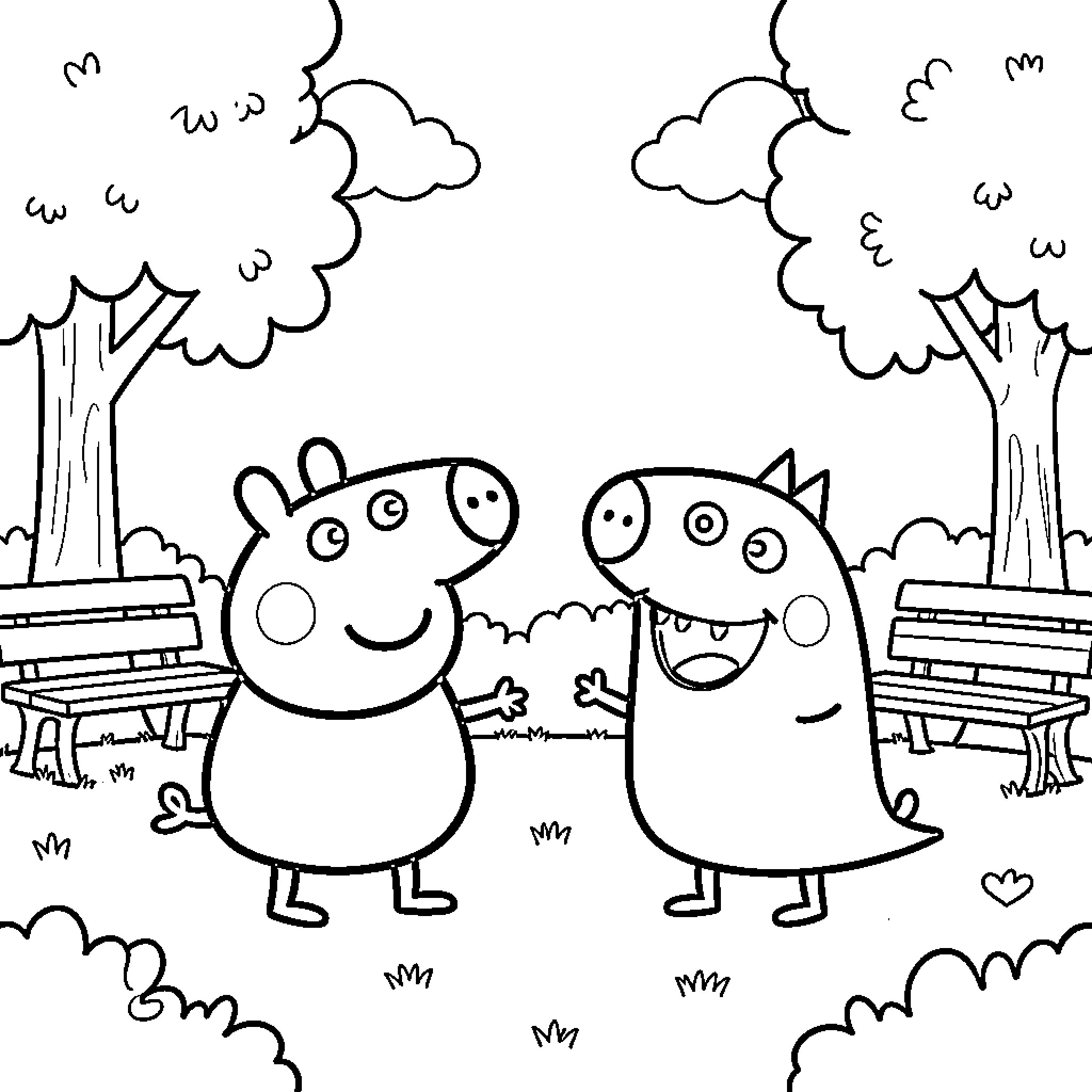 Peppa Pig and friend laughing together in a park Coloring Page (free black-and-white line drawing printable PDF for all, from beginners to advanced learners, including children, teens, adults, and seniors)