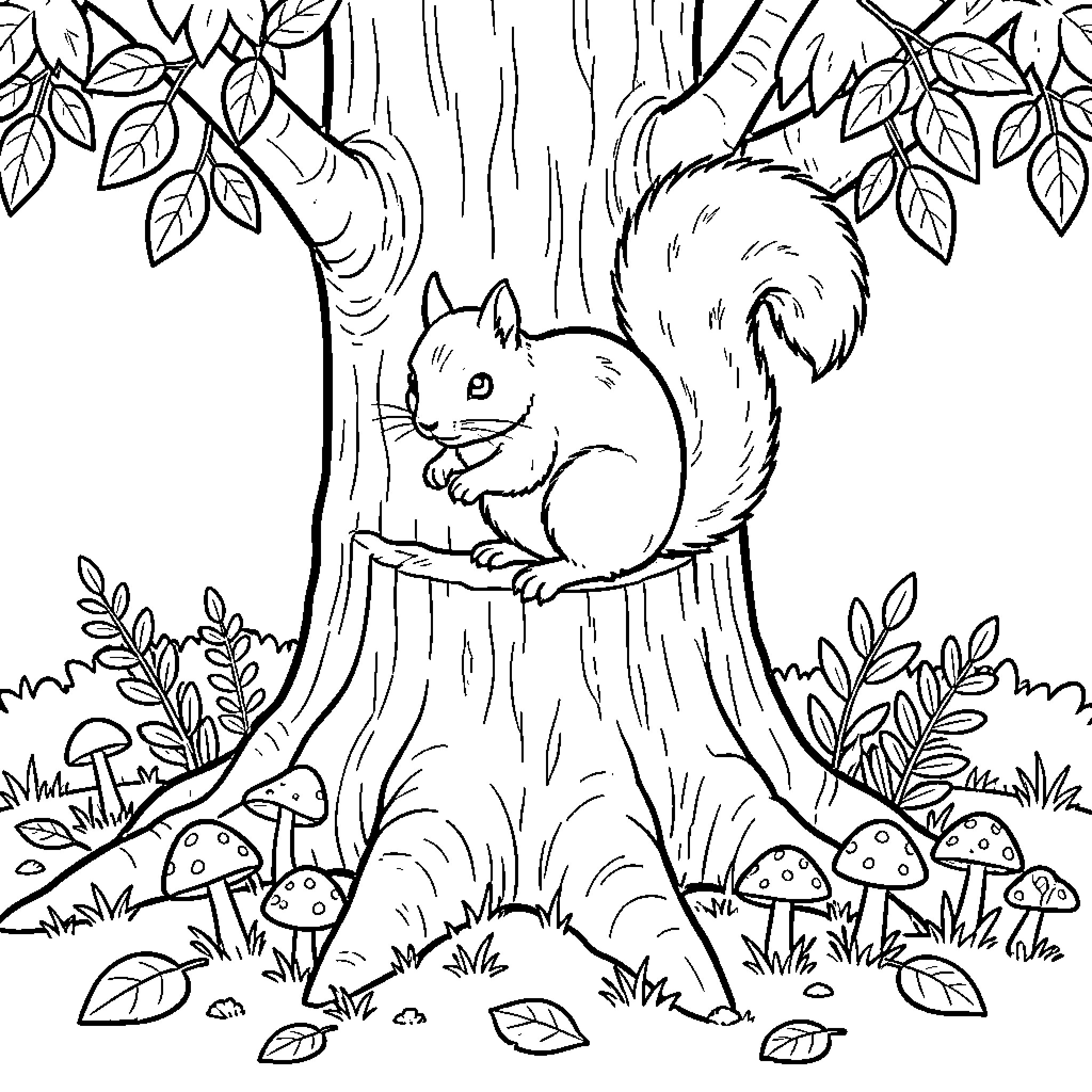 Squirrel sitting on a tree branch near mushrooms Coloring Page (free black-and-white line drawing printable PDF for all, from beginners to advanced learners, including children, teens, adults, and seniors)