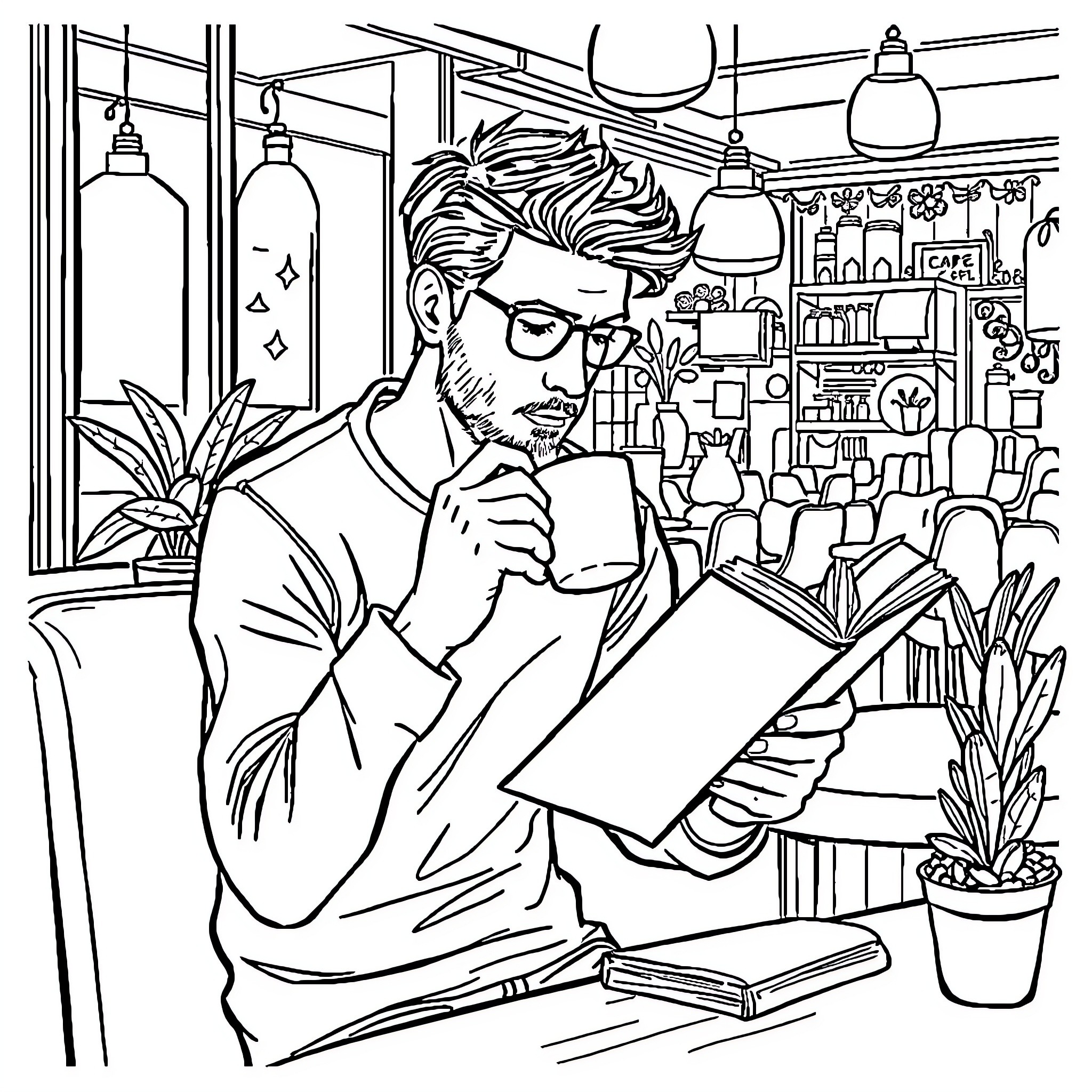 Adult reading book in cozy home library Coloring Page (free black-and-white line drawing printable PDF for all, from beginners to advanced learners, including children, teens, adults, and seniors)